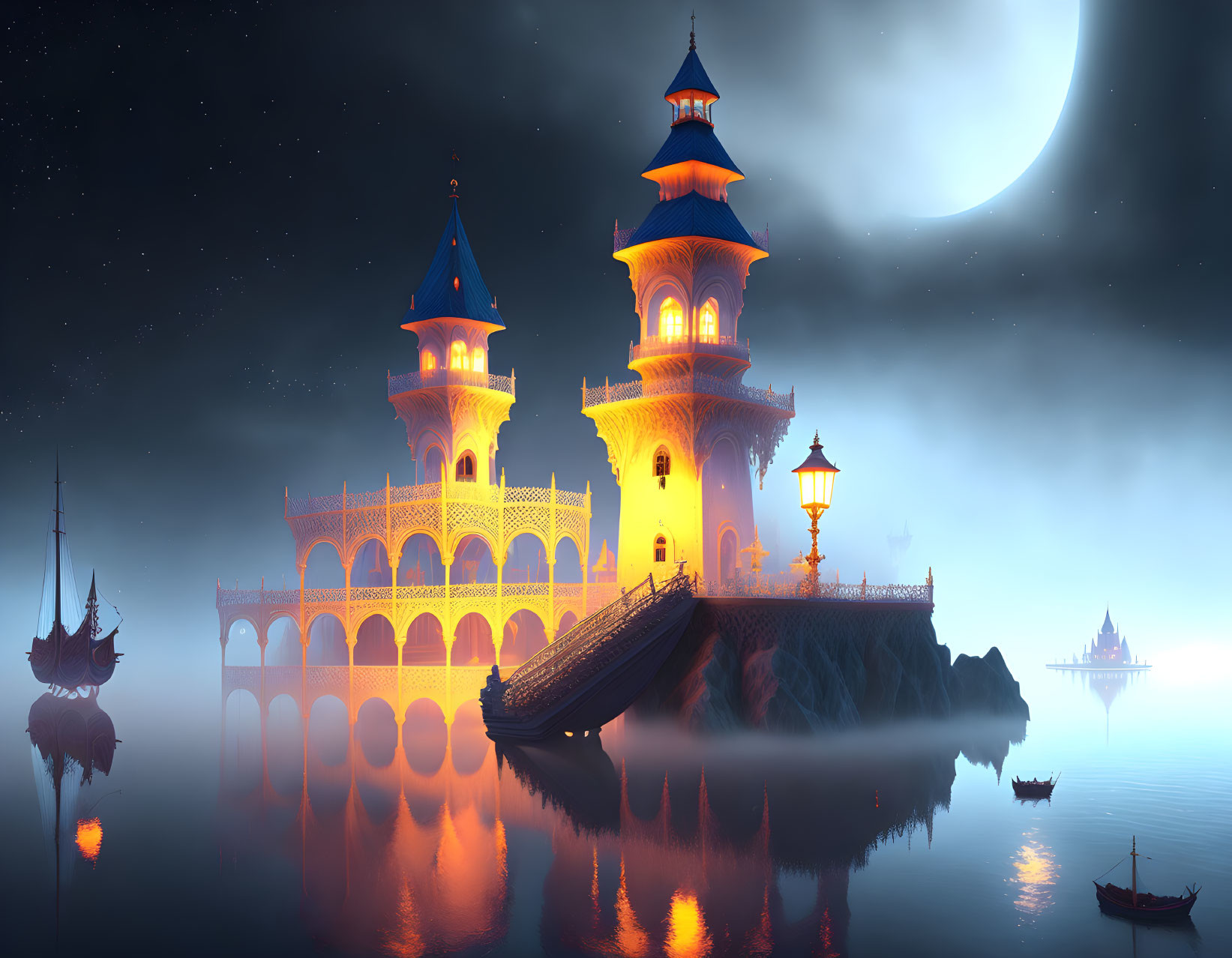 Fantasy castle with illuminated towers on island under starry sky