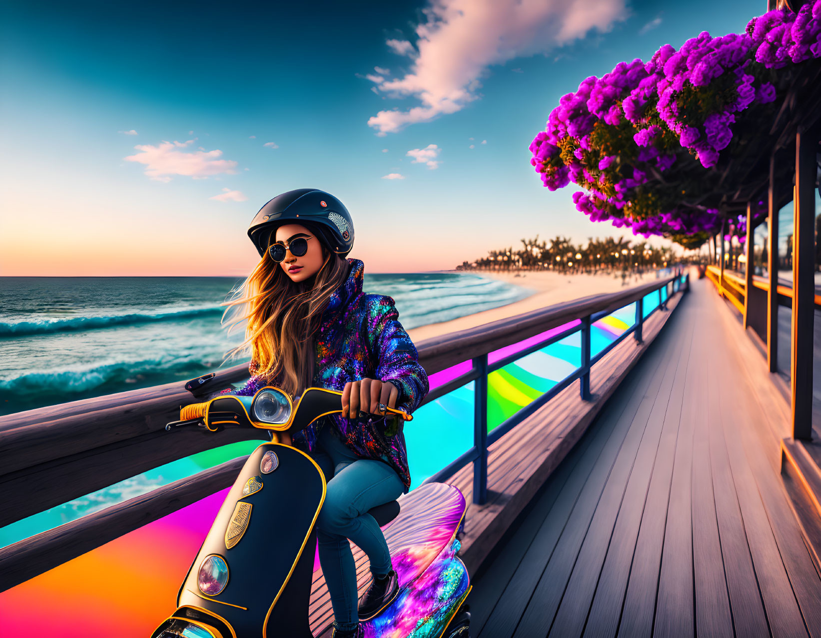 Woman riding colorful scooter on beachside boardwalk at sunset