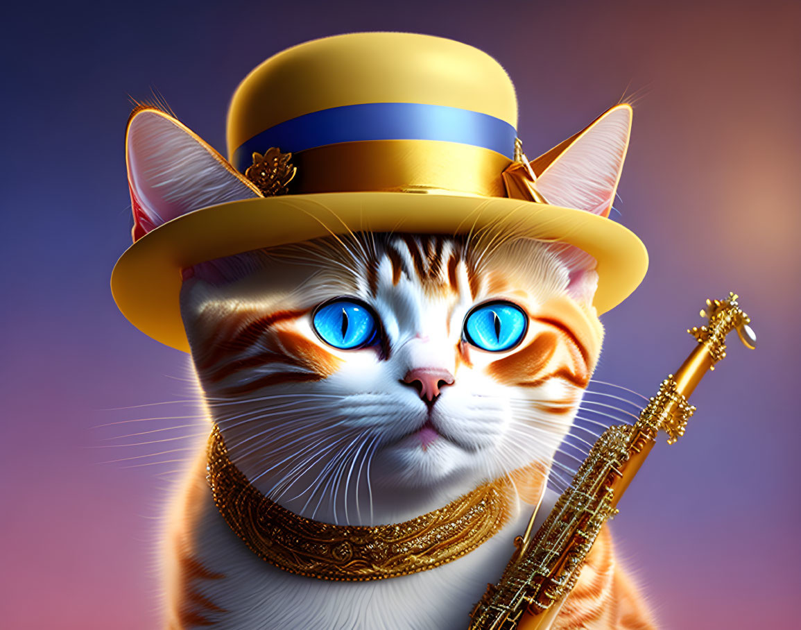 Stylized cat with blue eyes in gold hat, saxophone, purple background