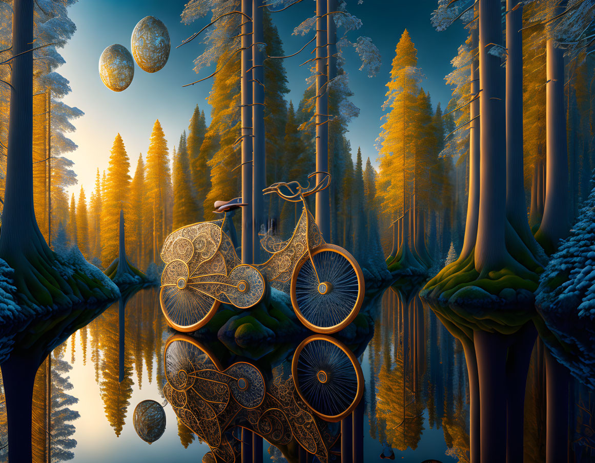 Ornate bicycle by serene lake in golden-lit pine forest with floating moons