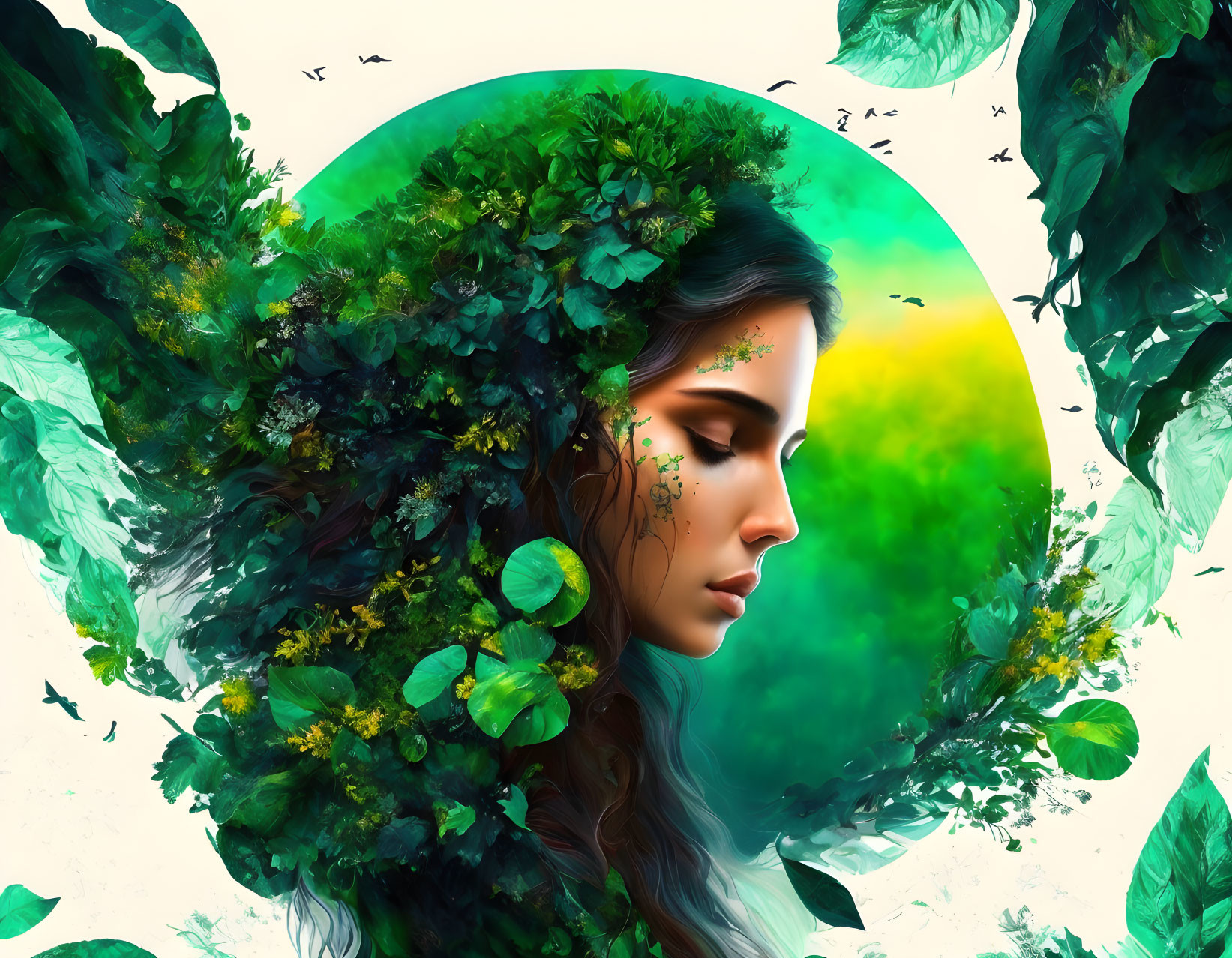 Digital artwork: Woman's profile merges with green foliage on vibrant backdrop