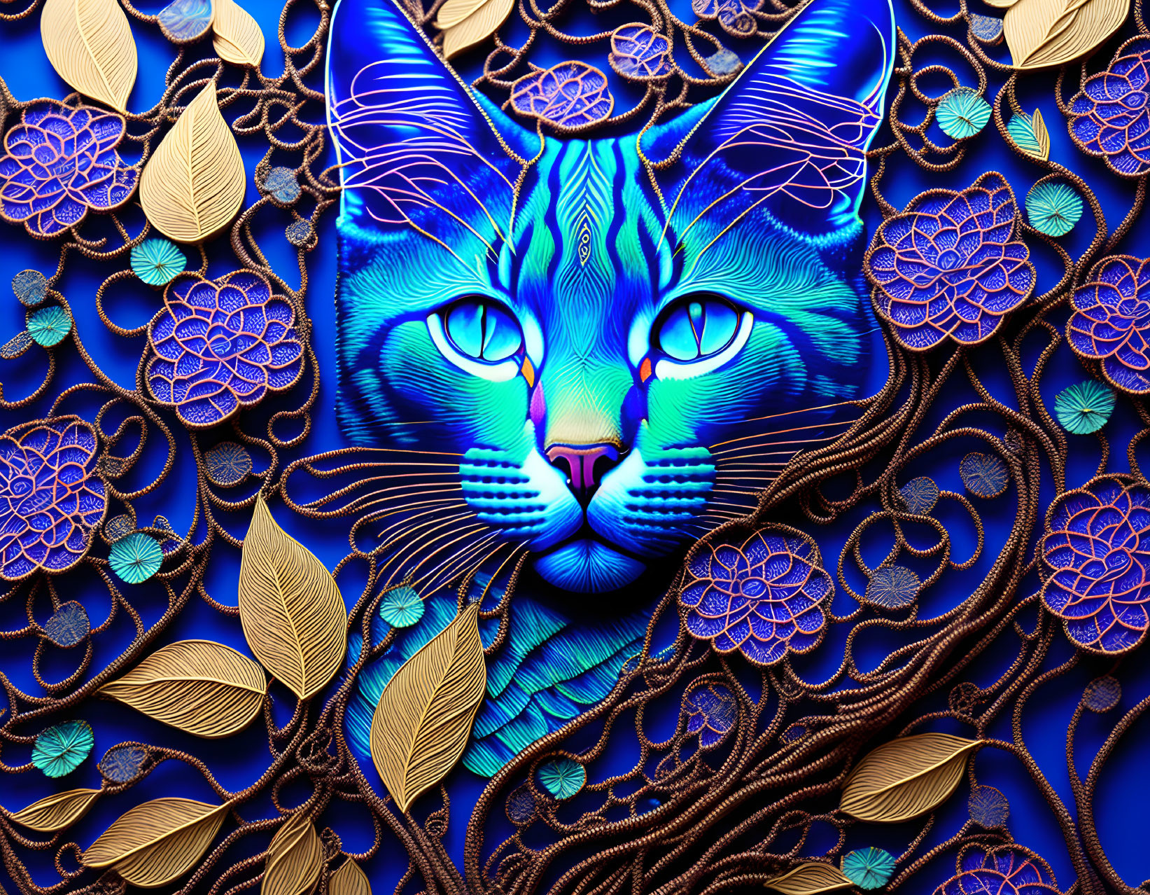 Colorful digital artwork: stylized blue cat's face with intricate gold and blue floral patterns.