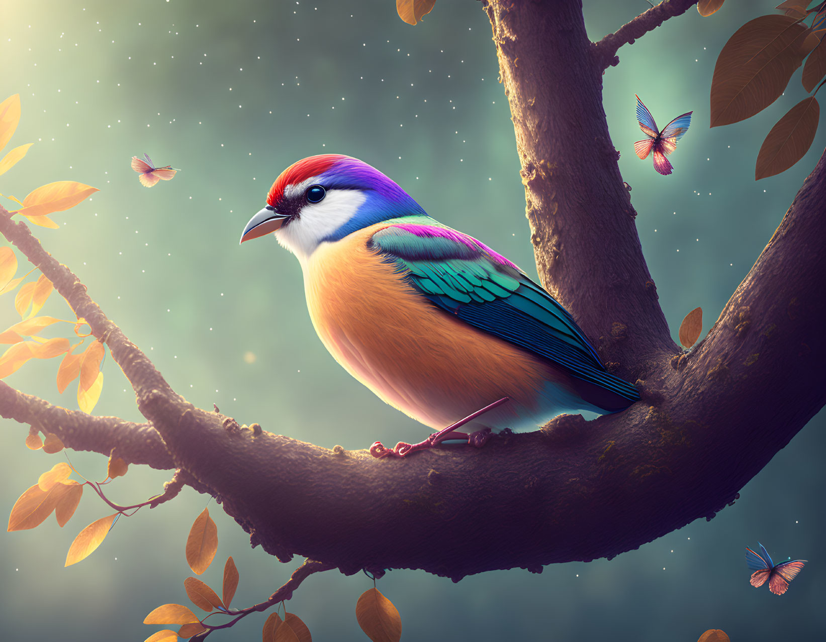 Colorful bird with red beak on branch with butterflies and leaves in dreamy setting