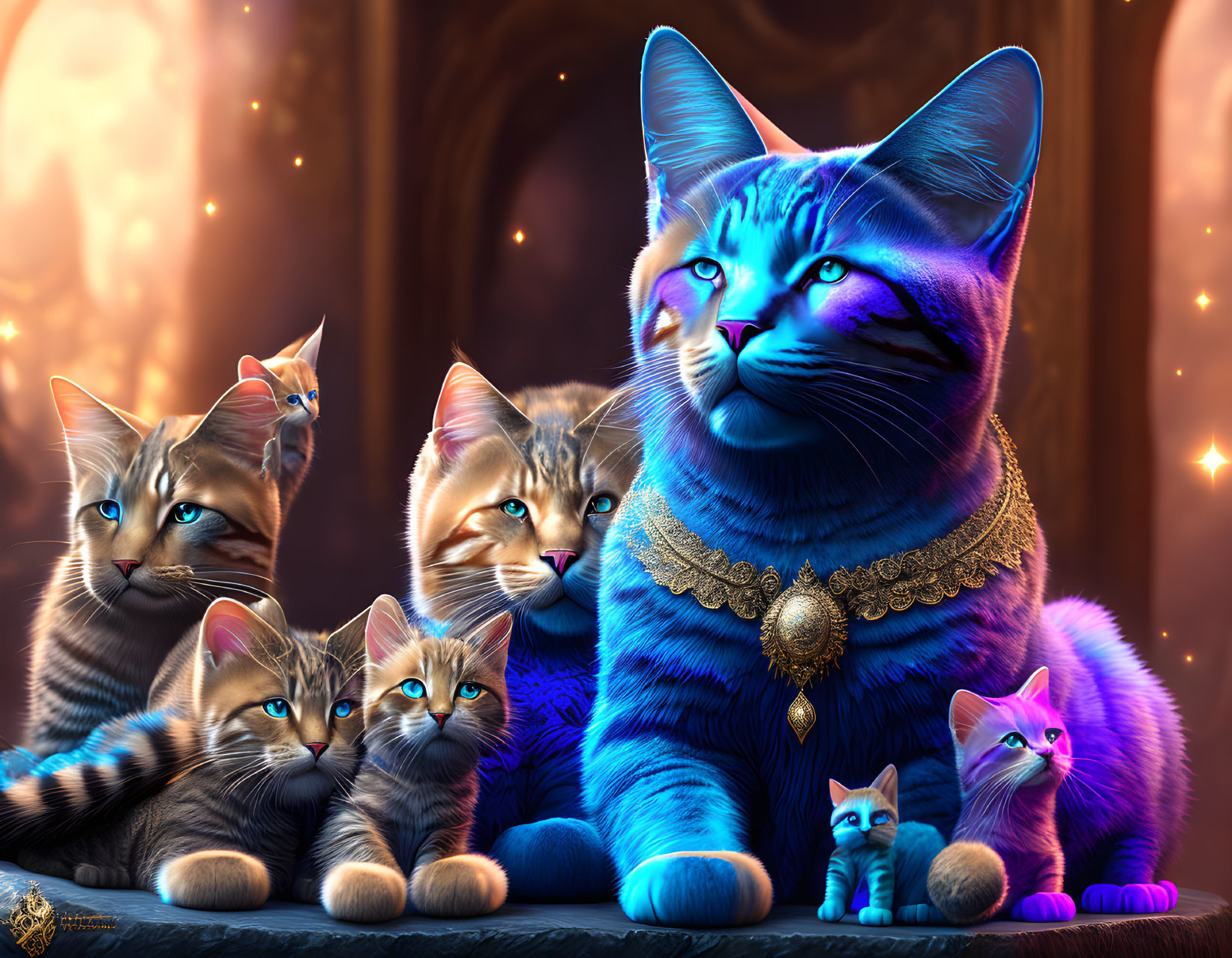 Vibrant blue cats with mesmerizing eyes on richly adorned background