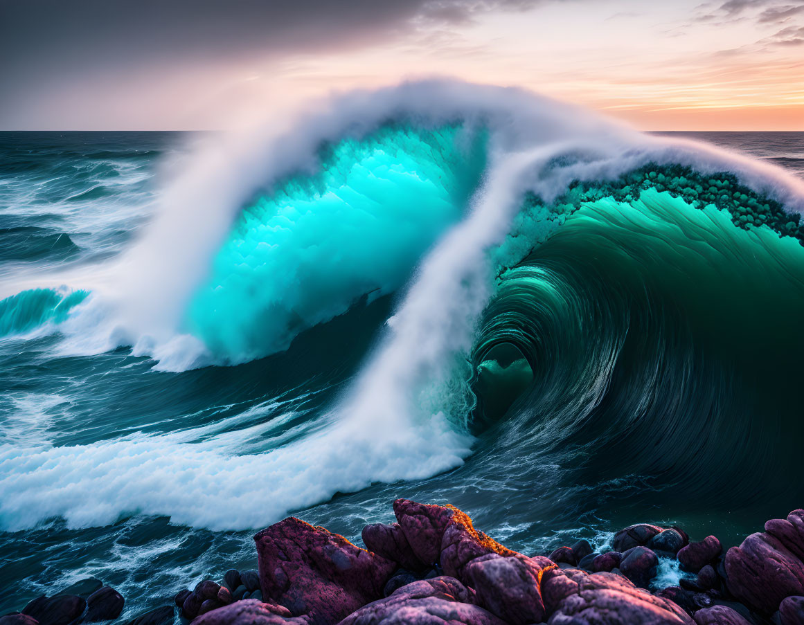 Vibrant turquoise ocean wave curling at sunset