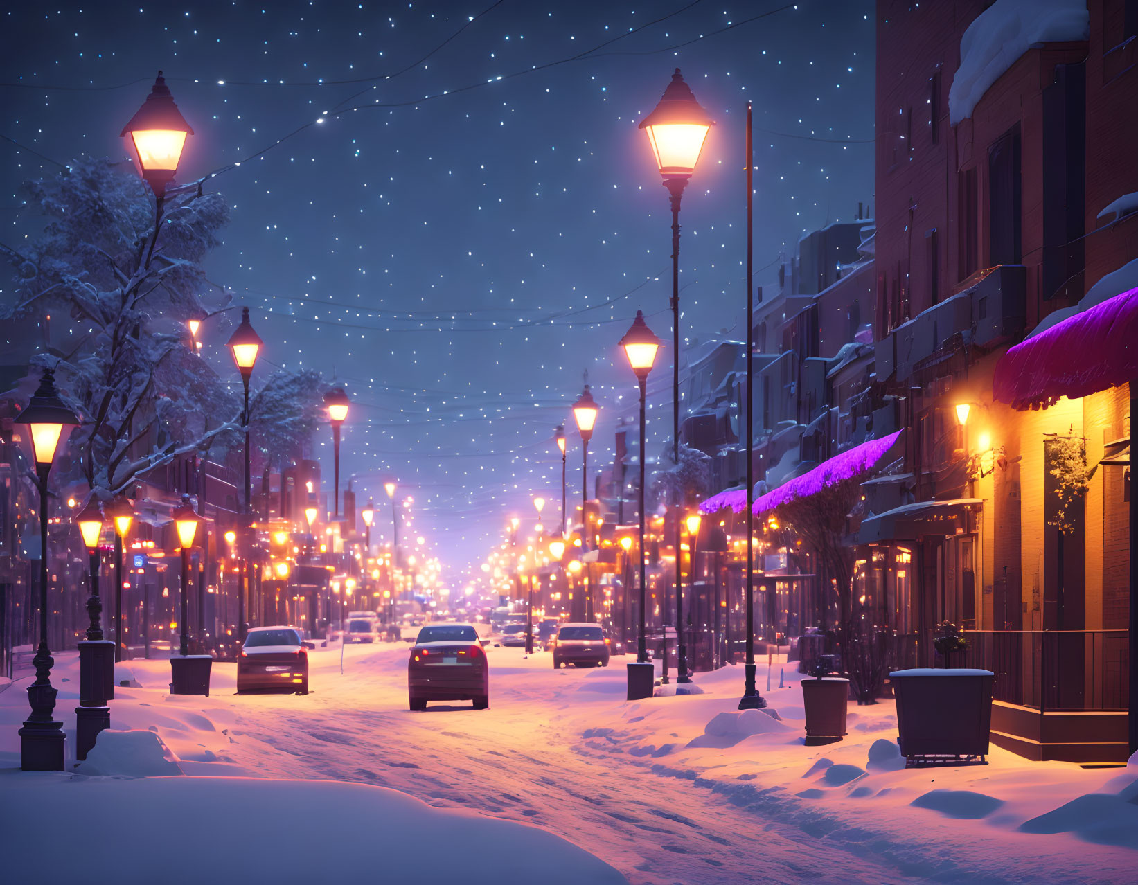 Snow-covered night street with festive lights and starlit sky