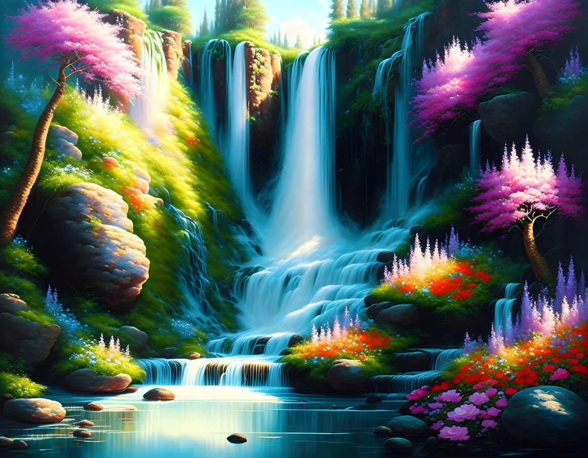 Lush greenery, pink trees, waterfalls in vibrant landscape