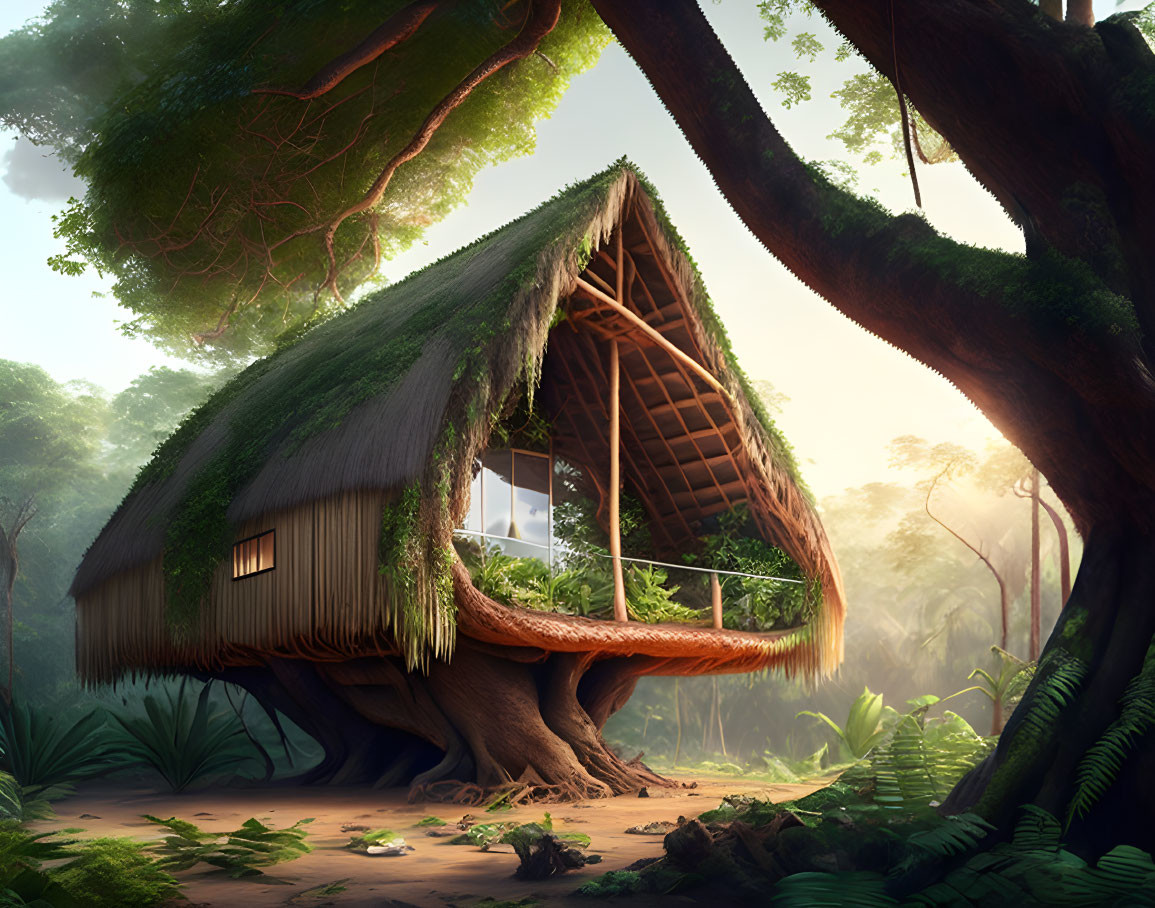 Thatched Roof Treehouse in Lush Forest