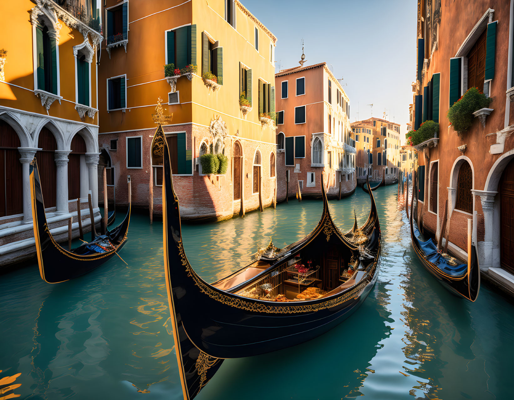 Historic Venetian canal with gondolas and vibrant buildings