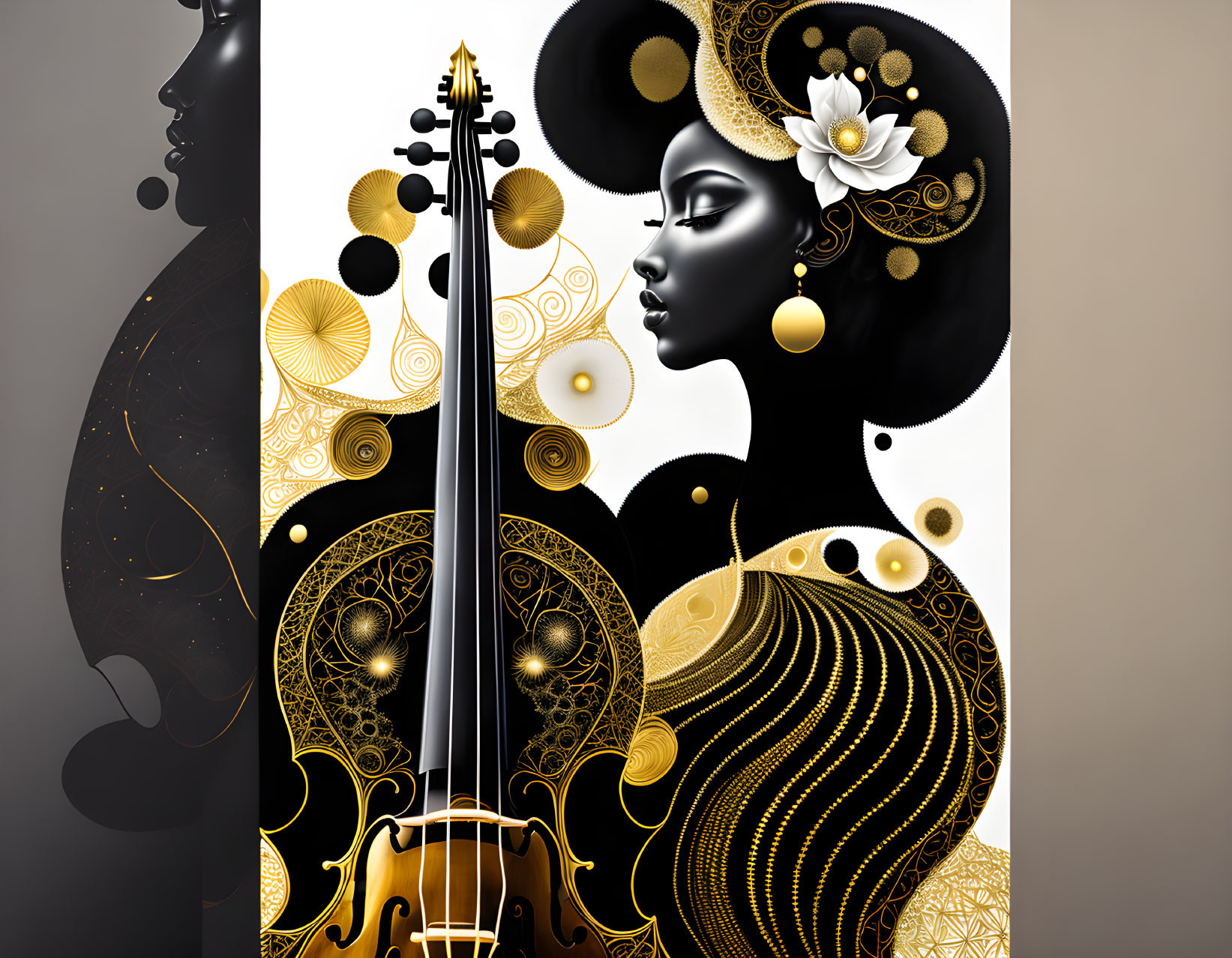 Stylized woman with white flower and violin in artistic illustration