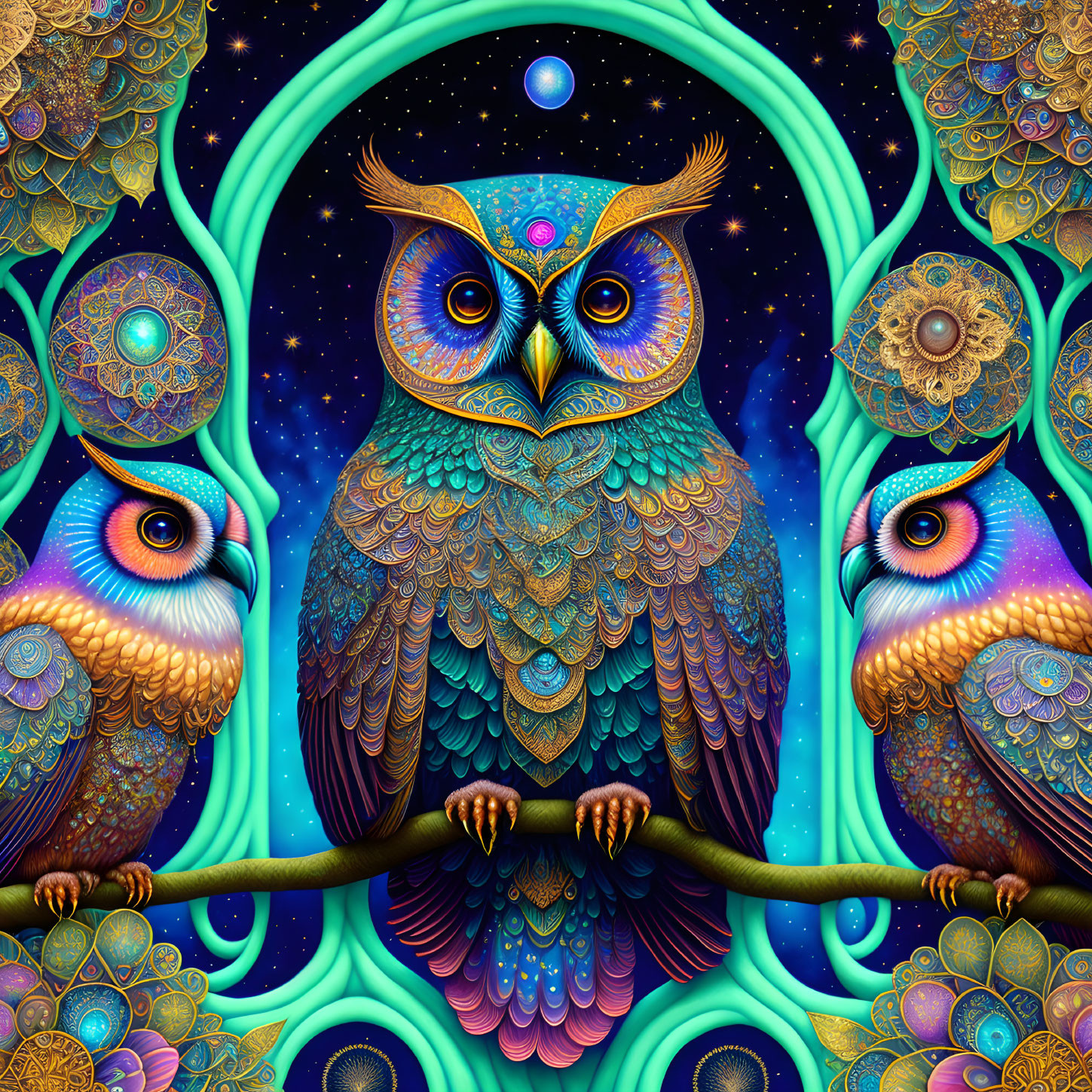 Colorful digital artwork: stylized owl with cosmic elements in ornamental frame