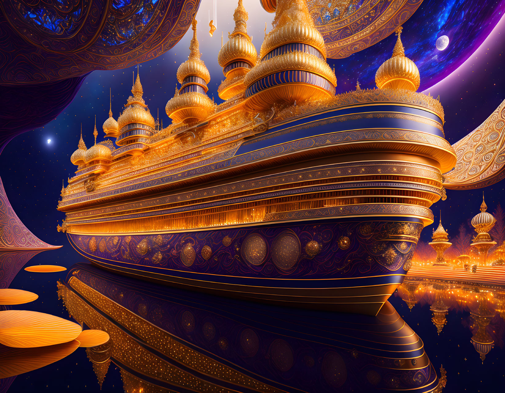 Golden spaceship with ornate domes glides over surreal landscape