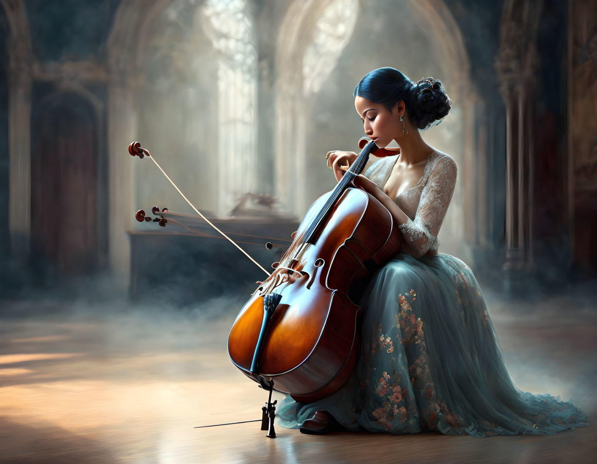 Woman in ornate hall holding cello, preparing to play