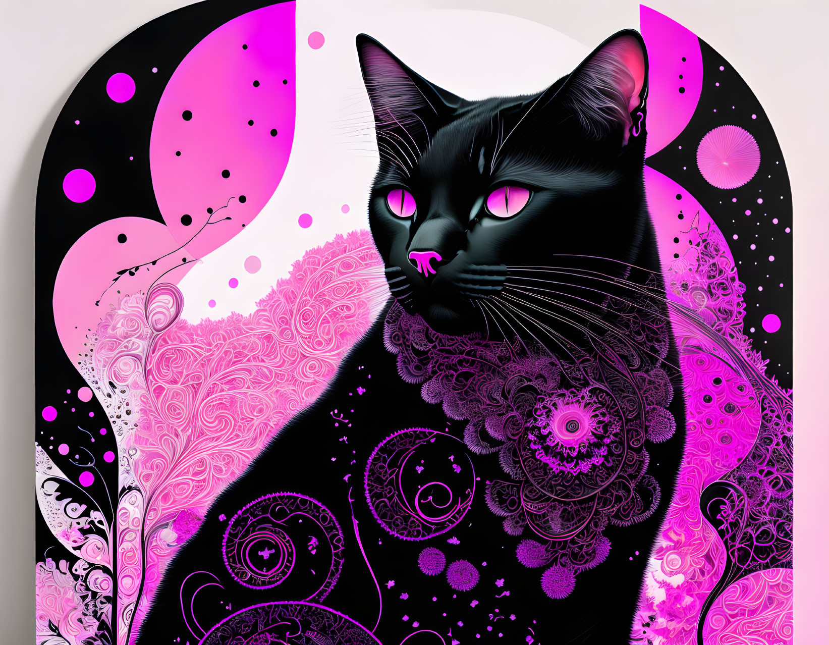 Stylized black cat on pink and black paisley background