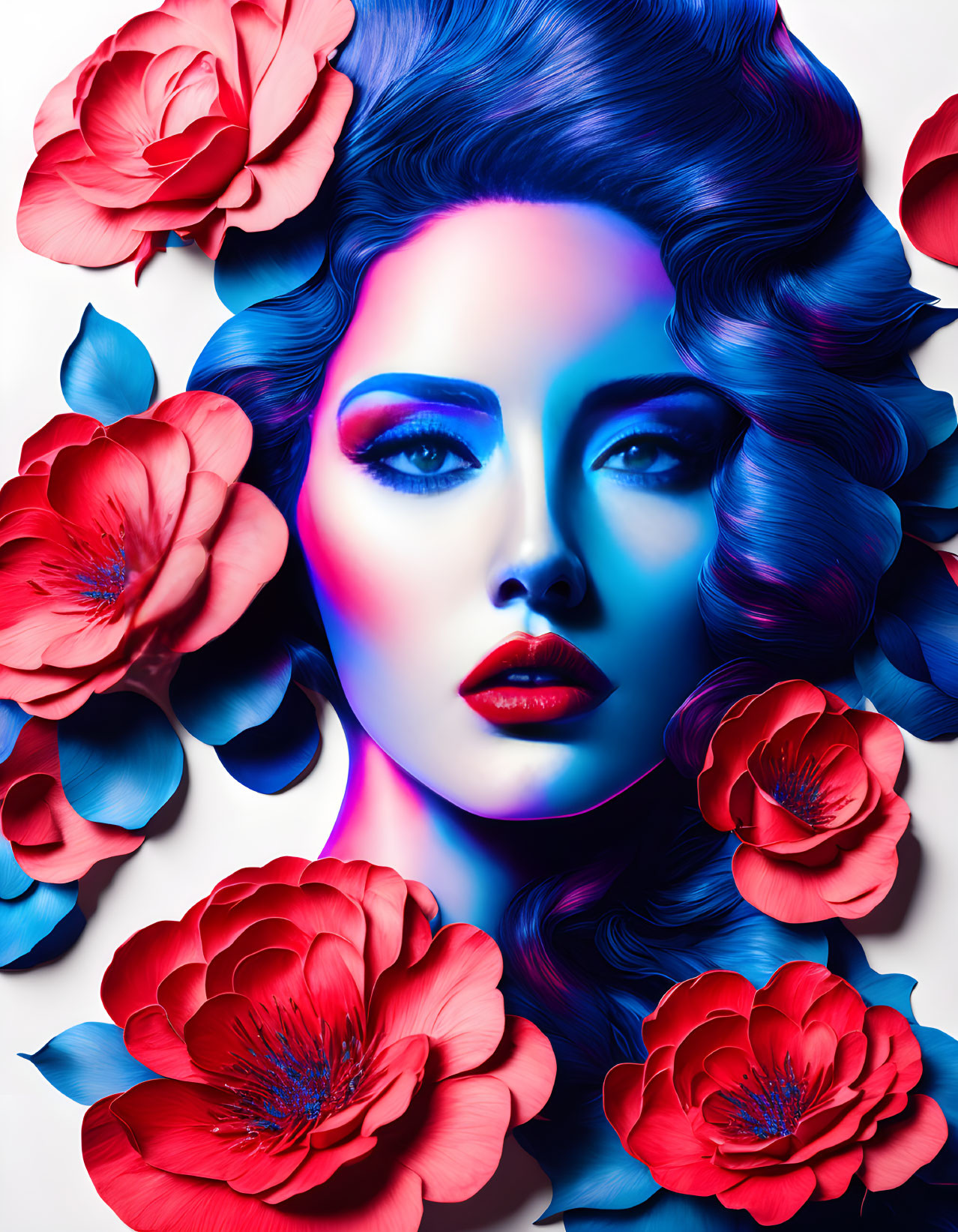 Colorful digital artwork: Woman with blue hair and pink-red flowers on light background