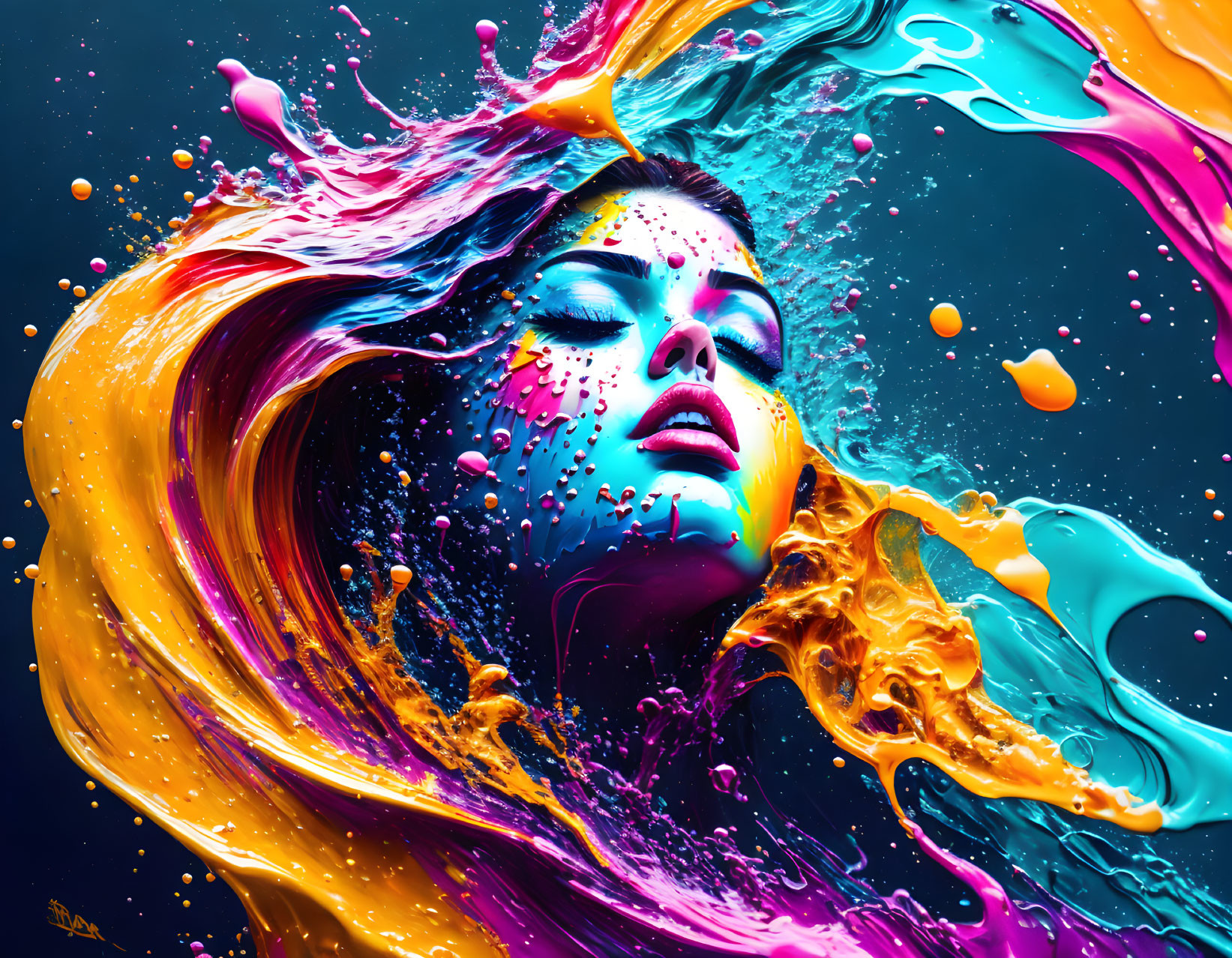 Colorful Liquid Swirls Surrounding Woman's Face in Vibrant Digital Art