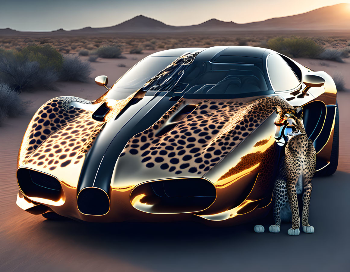 Shiny car with cheetah print design beside real cheetah in desert at sunset