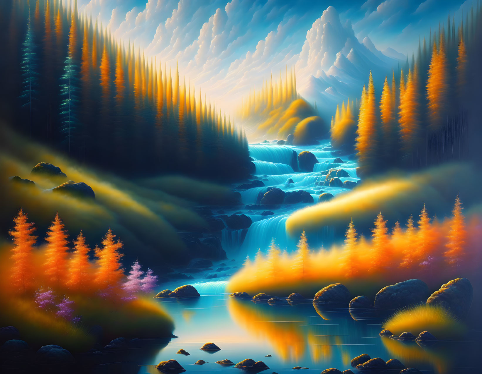 Vibrant landscape painting with waterfall, lush forests, and radiant foliage