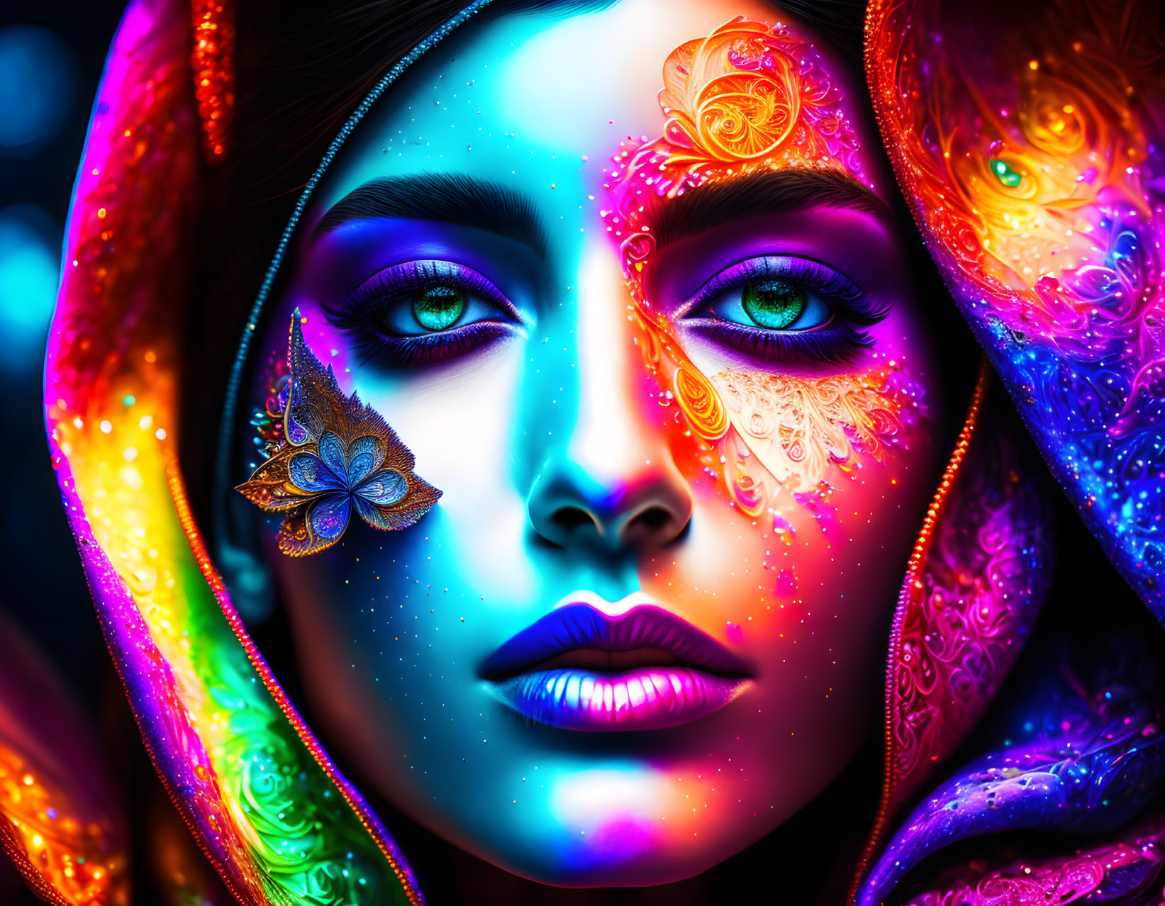 Colorful portrait of woman with vibrant skin, makeup, glowing patterns, and multi-hued scarf.