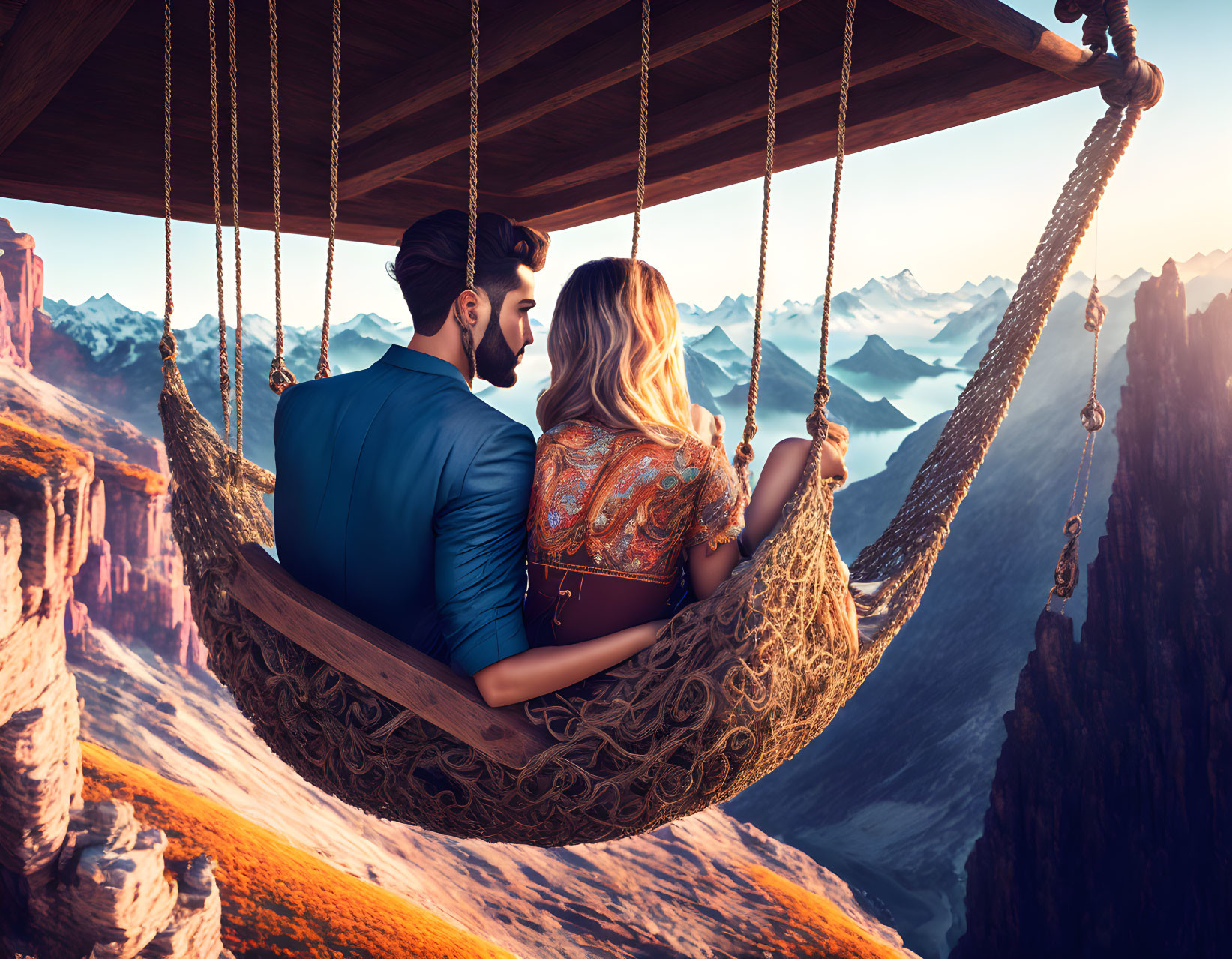 Couple sitting in hammock against mountain backdrop