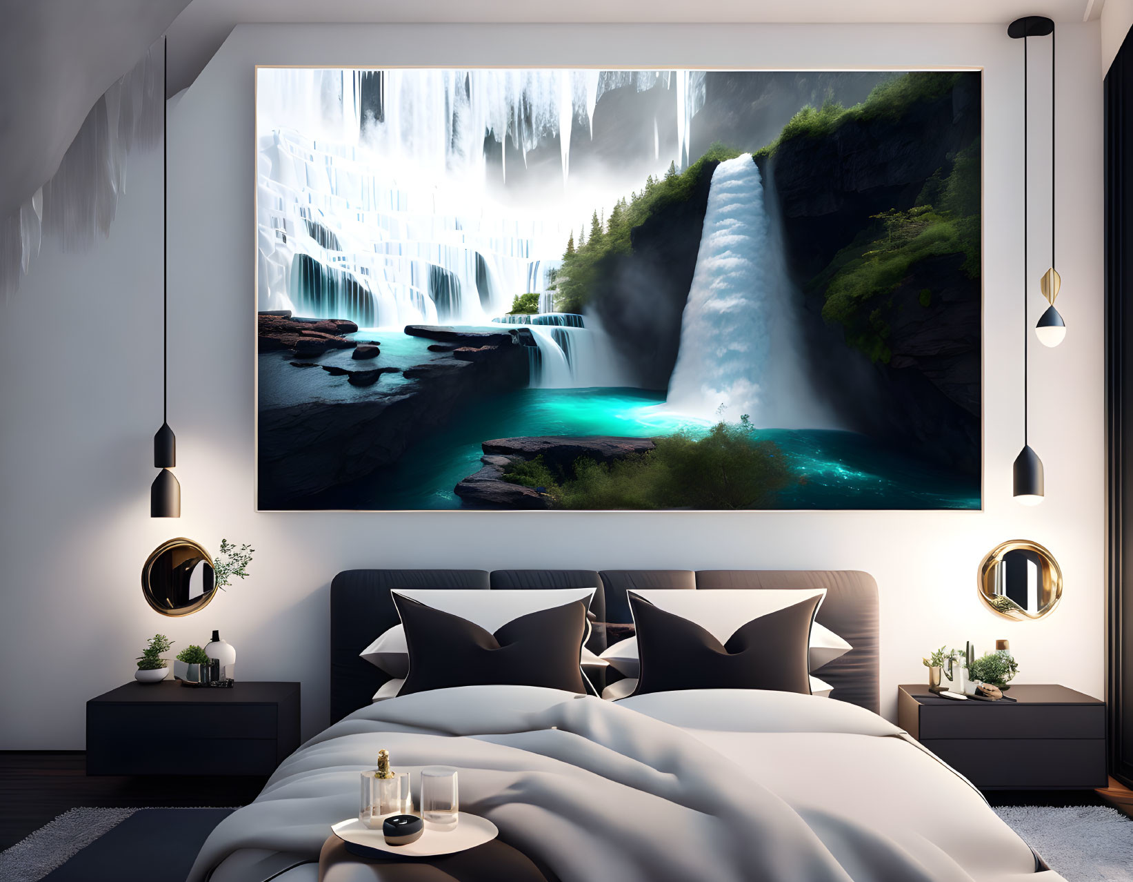 Contemporary Bedroom with Waterfall Wall Art & King-Size Bed