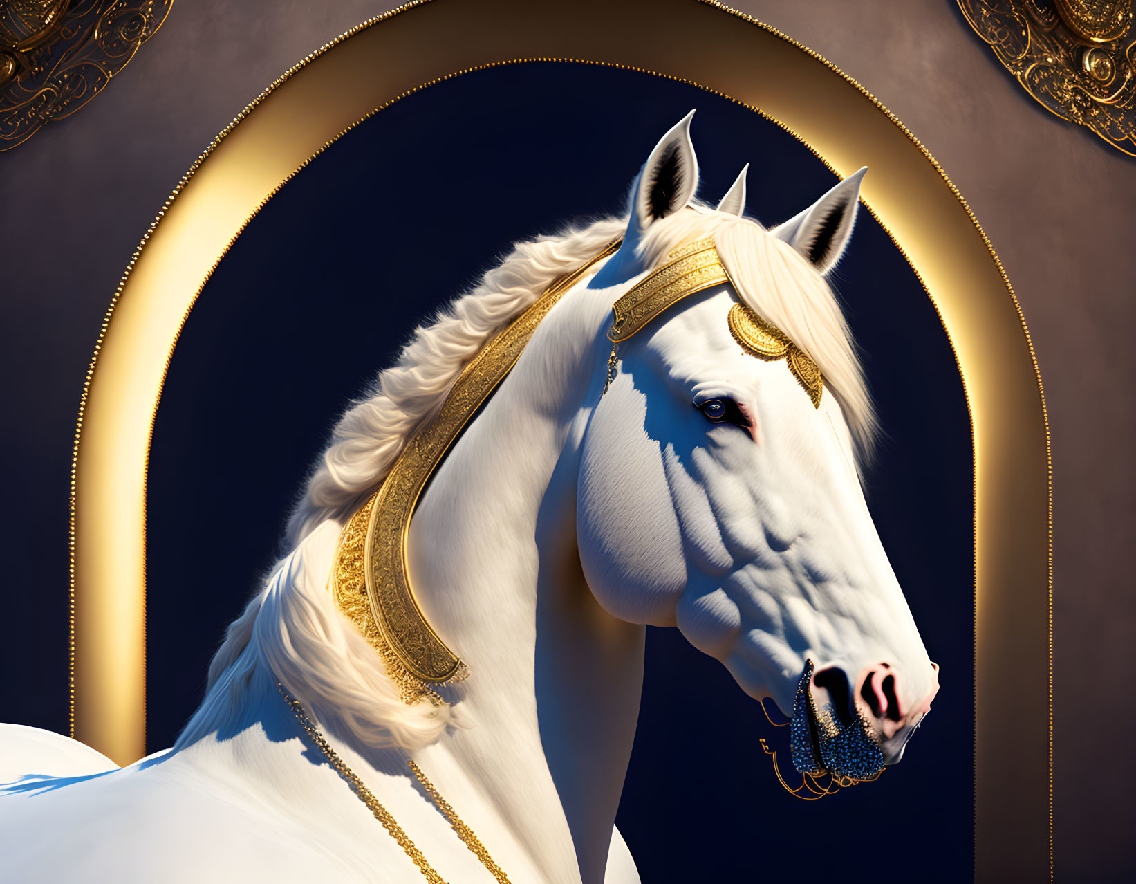 White Horse with Golden Bridle on Ornate Dark Background