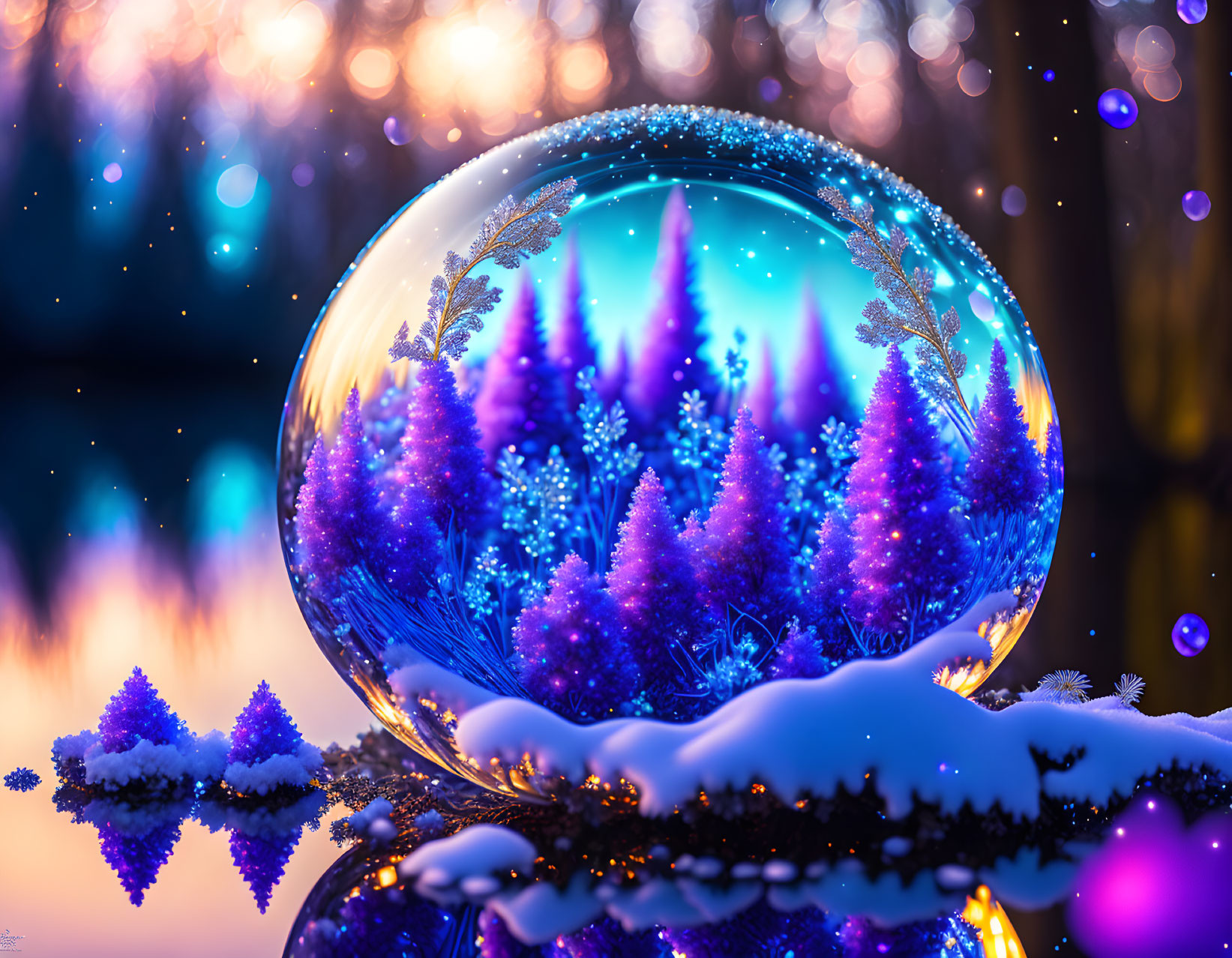 Vibrant purple winter scene in crystal ball display