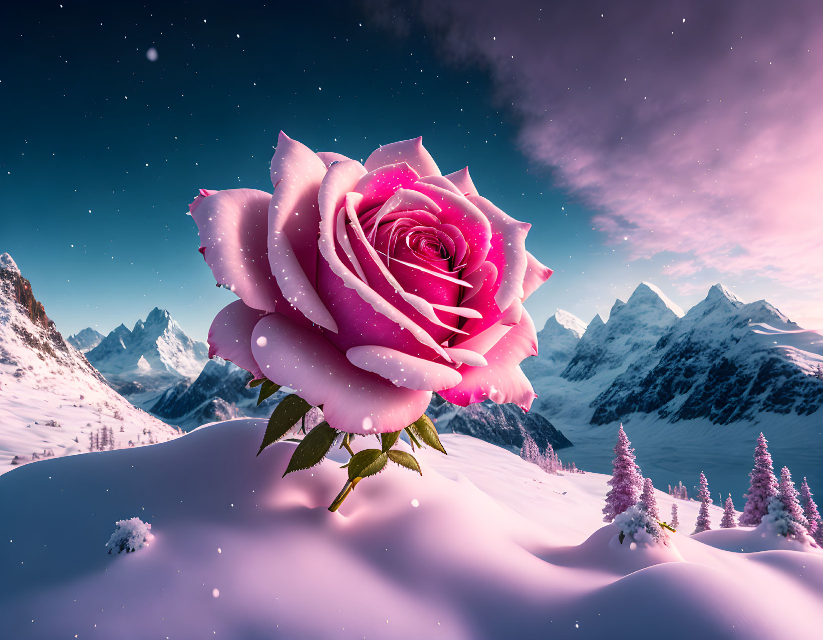 Vibrant pink rose with dew drops in snowy mountain landscape