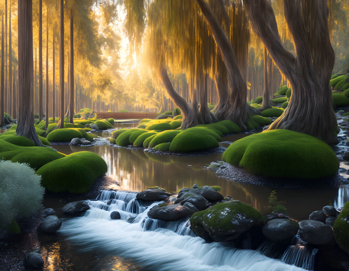 Serene forest scene with golden sunlight, willow trees, stream, and lush greenery