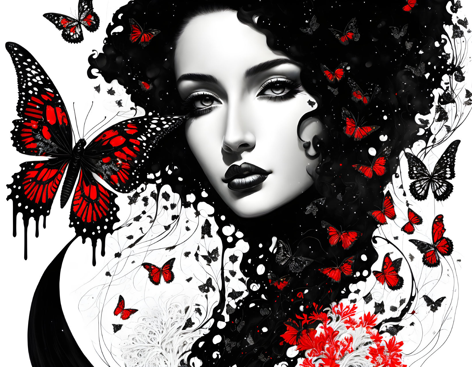 Monochrome artwork featuring woman with red butterflies and flowers in hair