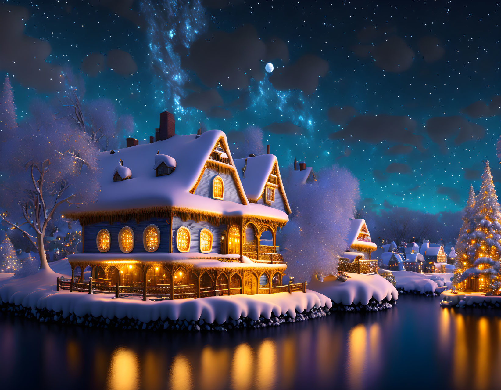 Snowy winter night scene: cozy house, snow-covered trees, starry sky.