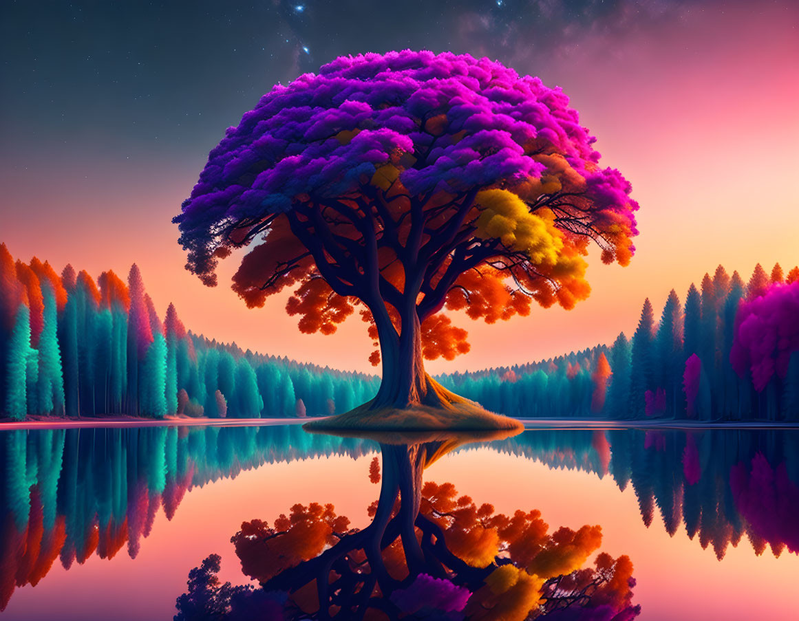 Colorful tree by lake with forest and pink sky reflection