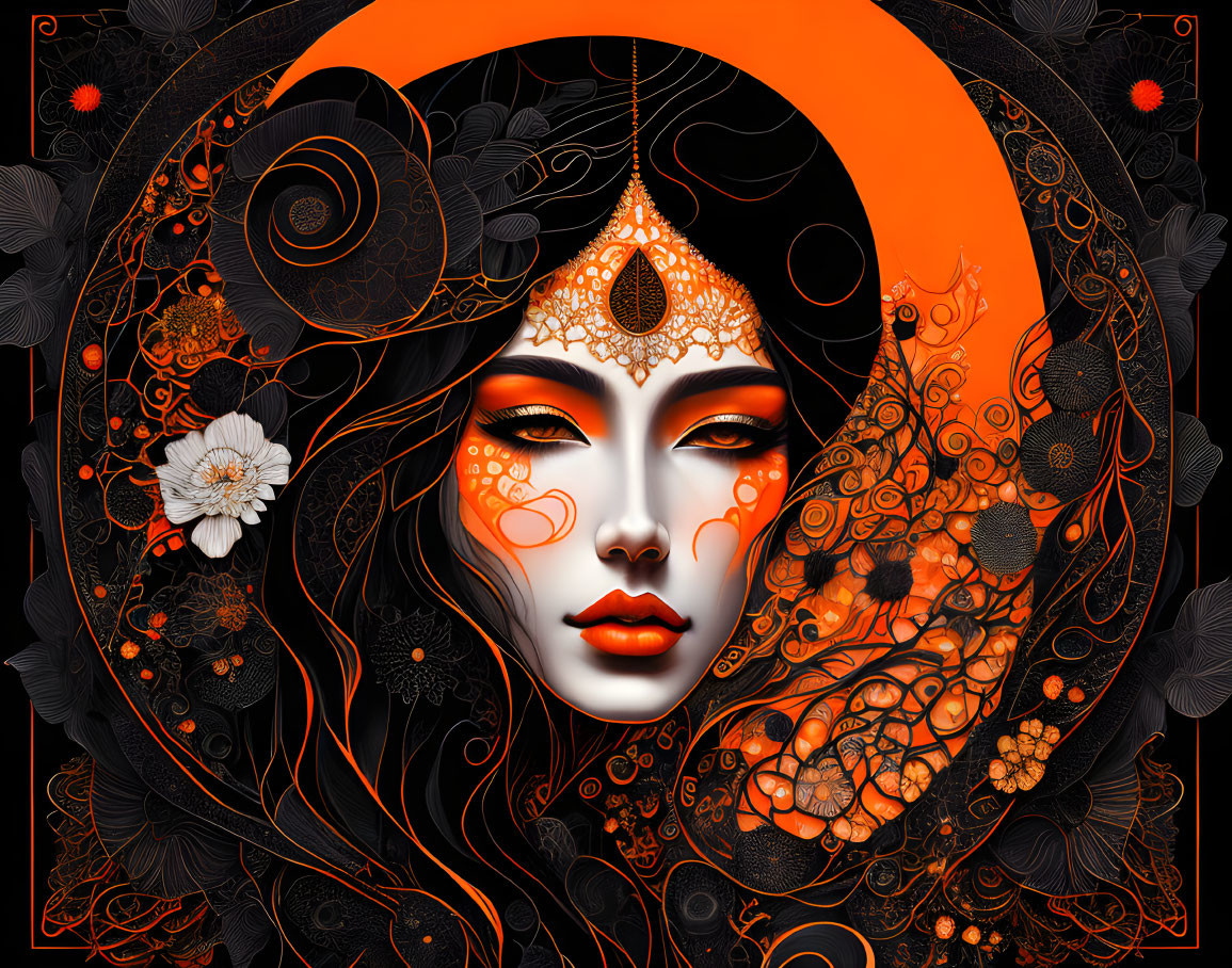 Stylized digital artwork of a woman with bold makeup and crescent moon background