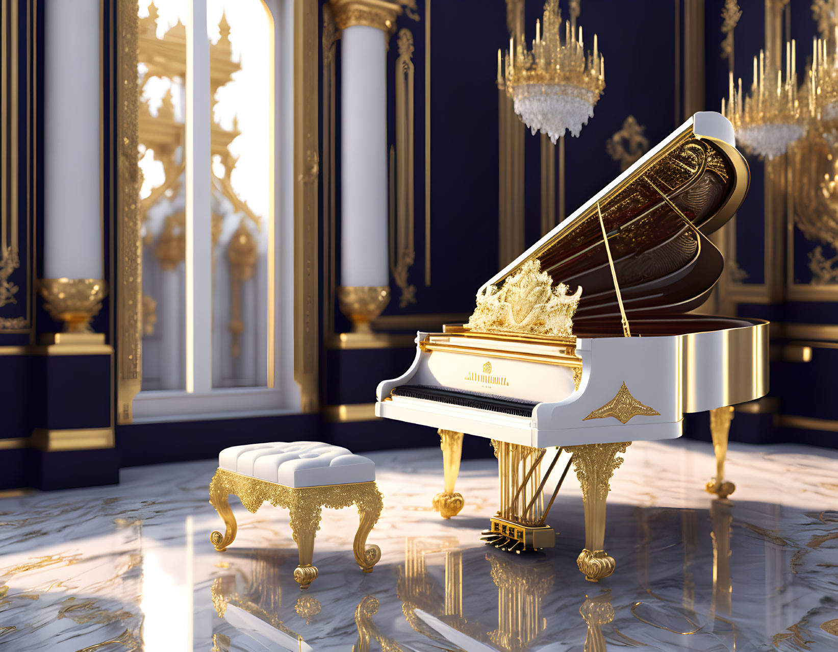 Elegant white and gold grand piano in luxurious room