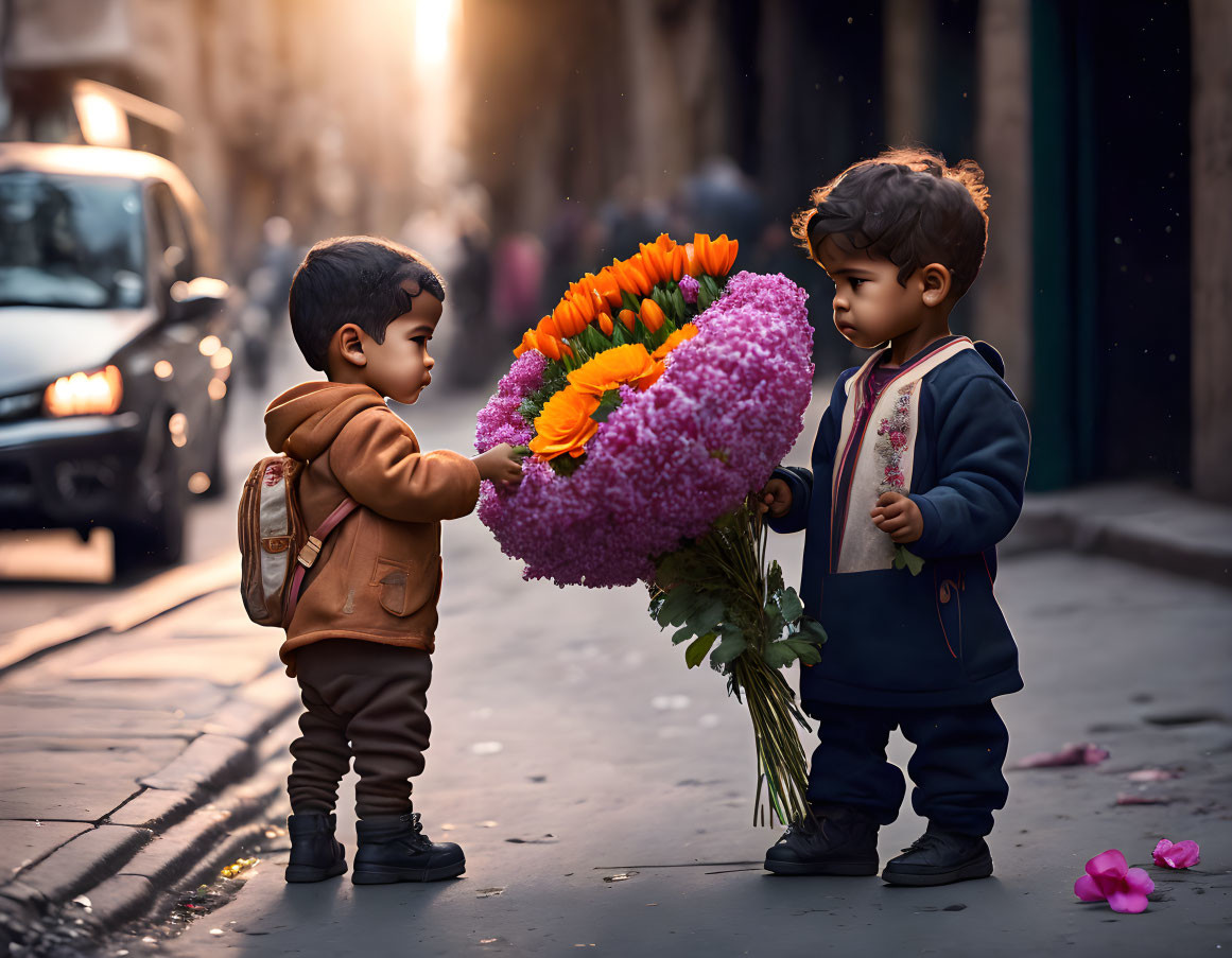 Child presenting colorful flowers on sunny street with cars and buildings.