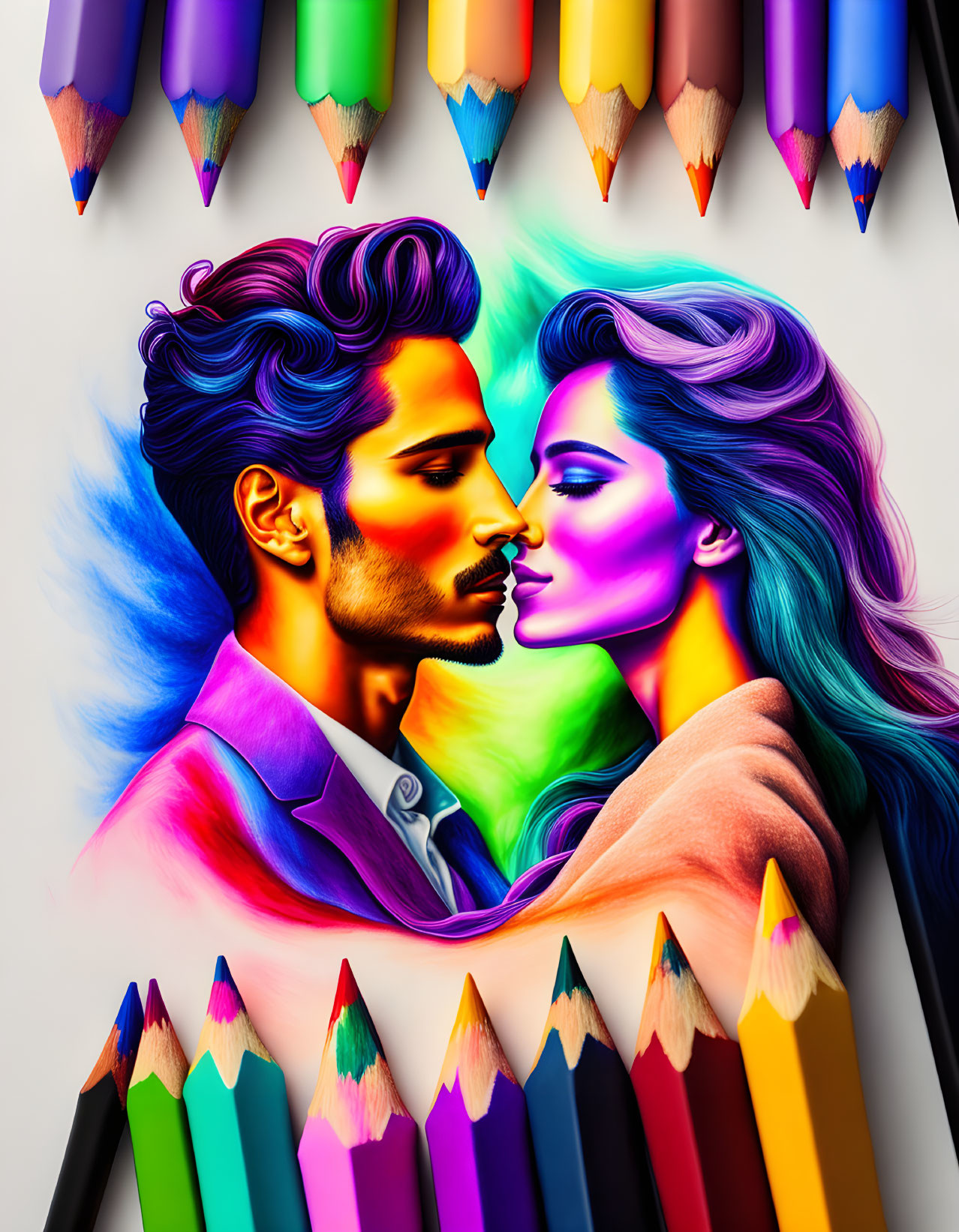 Colorful digital artwork: Man and woman blending, about to kiss, against colored pencil background