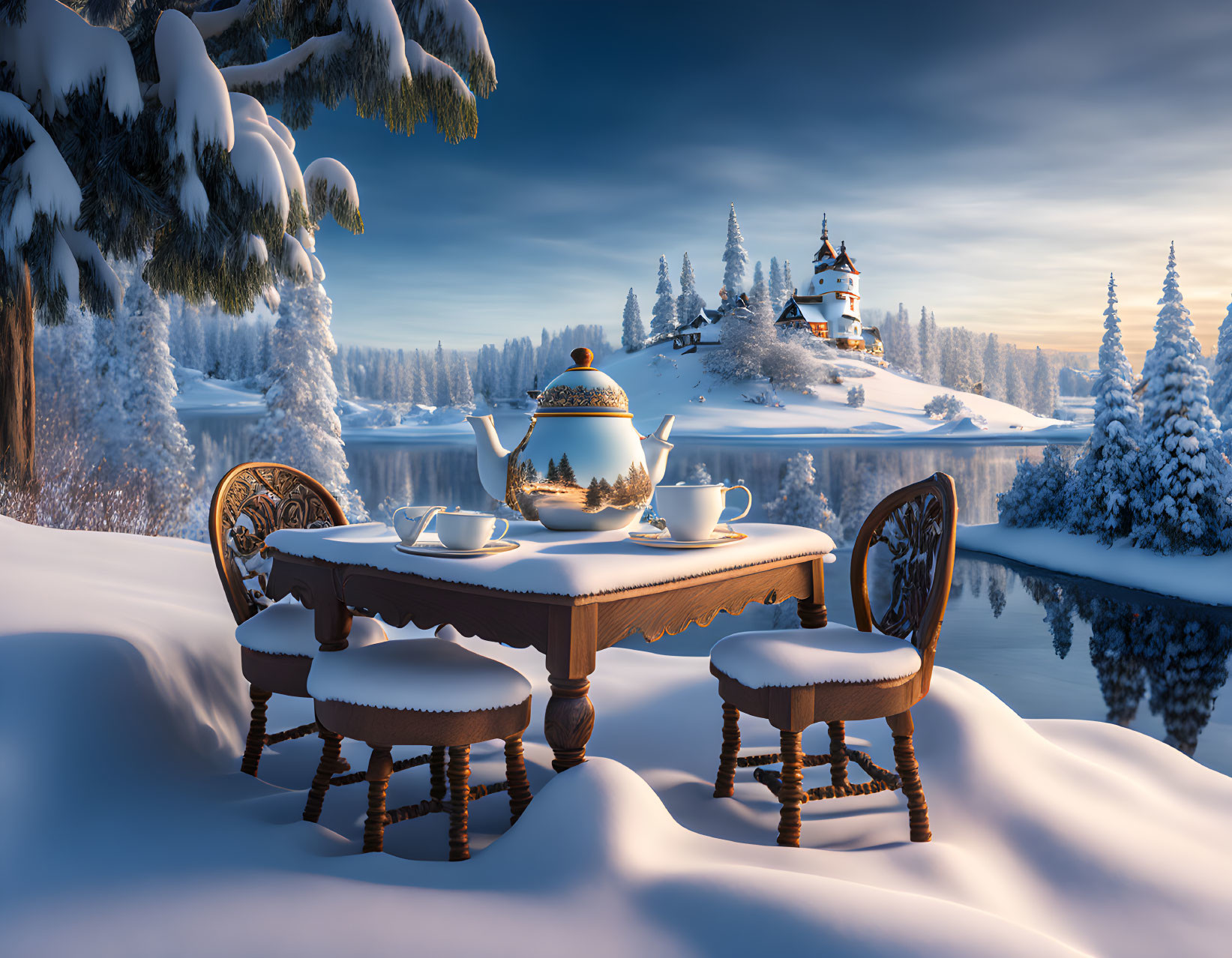 Snow-covered outdoor winter scene with tea set overlooking lake and distant hill house.