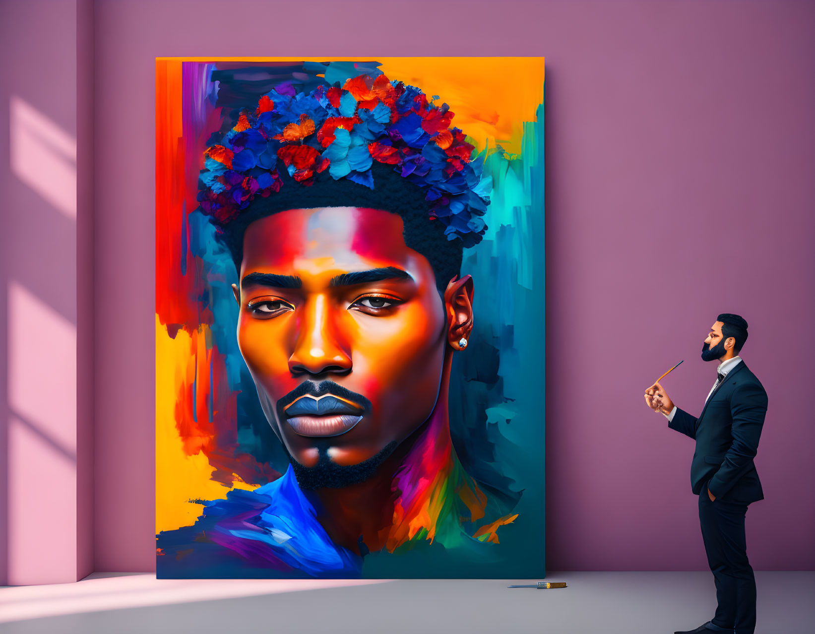 Man in suit gazes at vibrant male portrait with blue flower crown on purple wall