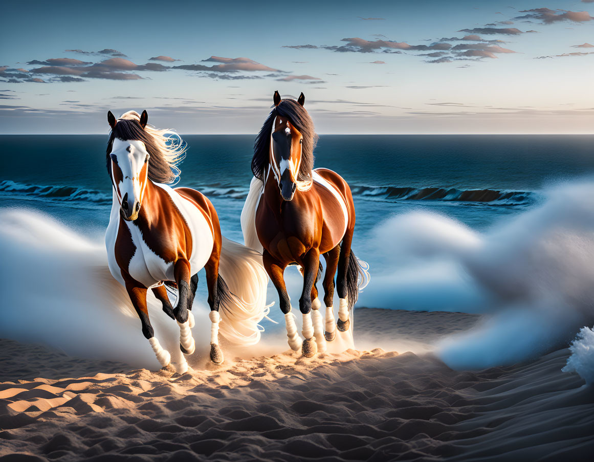 Majestic horses with thick manes on sandy beach at dusk