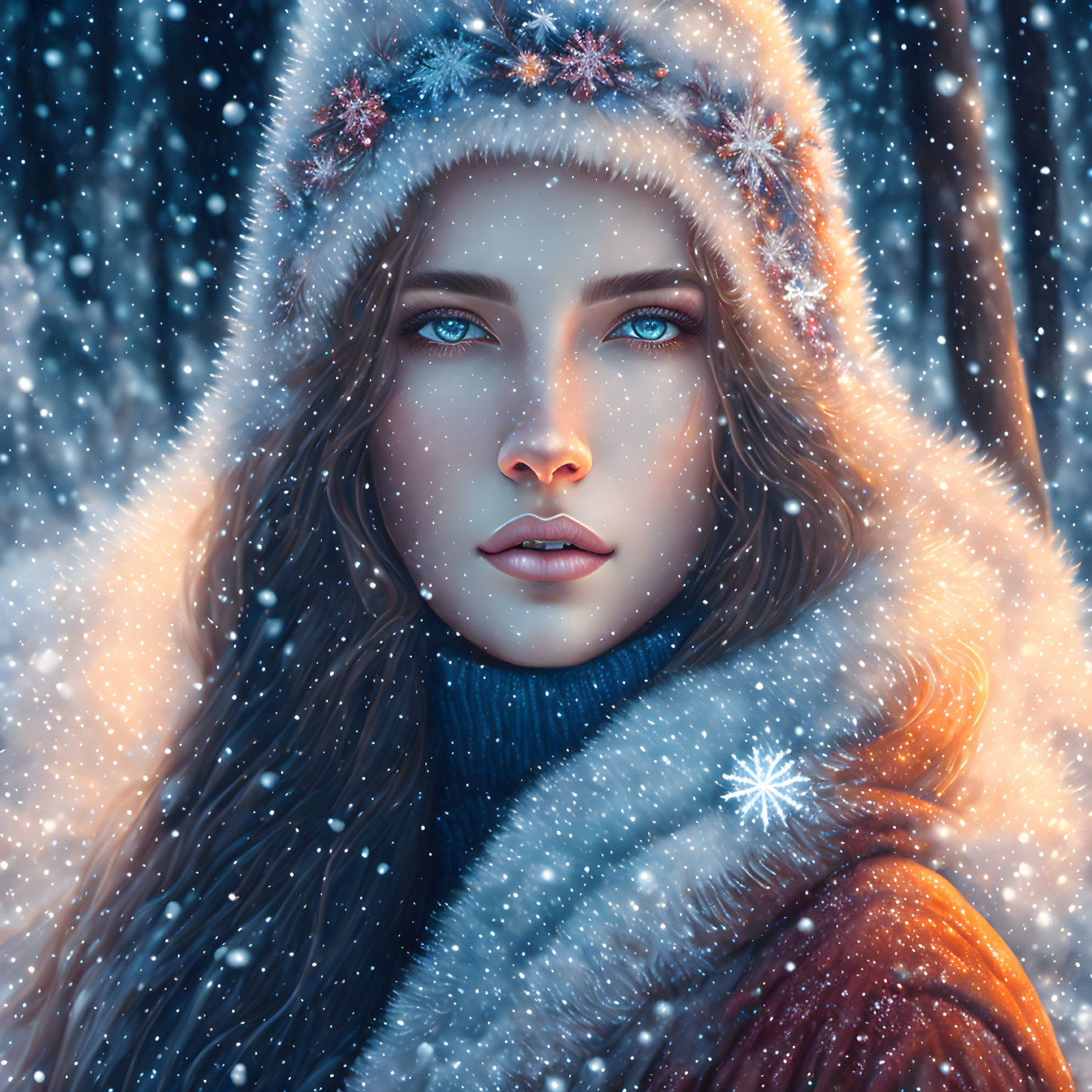 Digital artwork of woman with wintery blue eyes in snowflake cloak, snowy backdrop