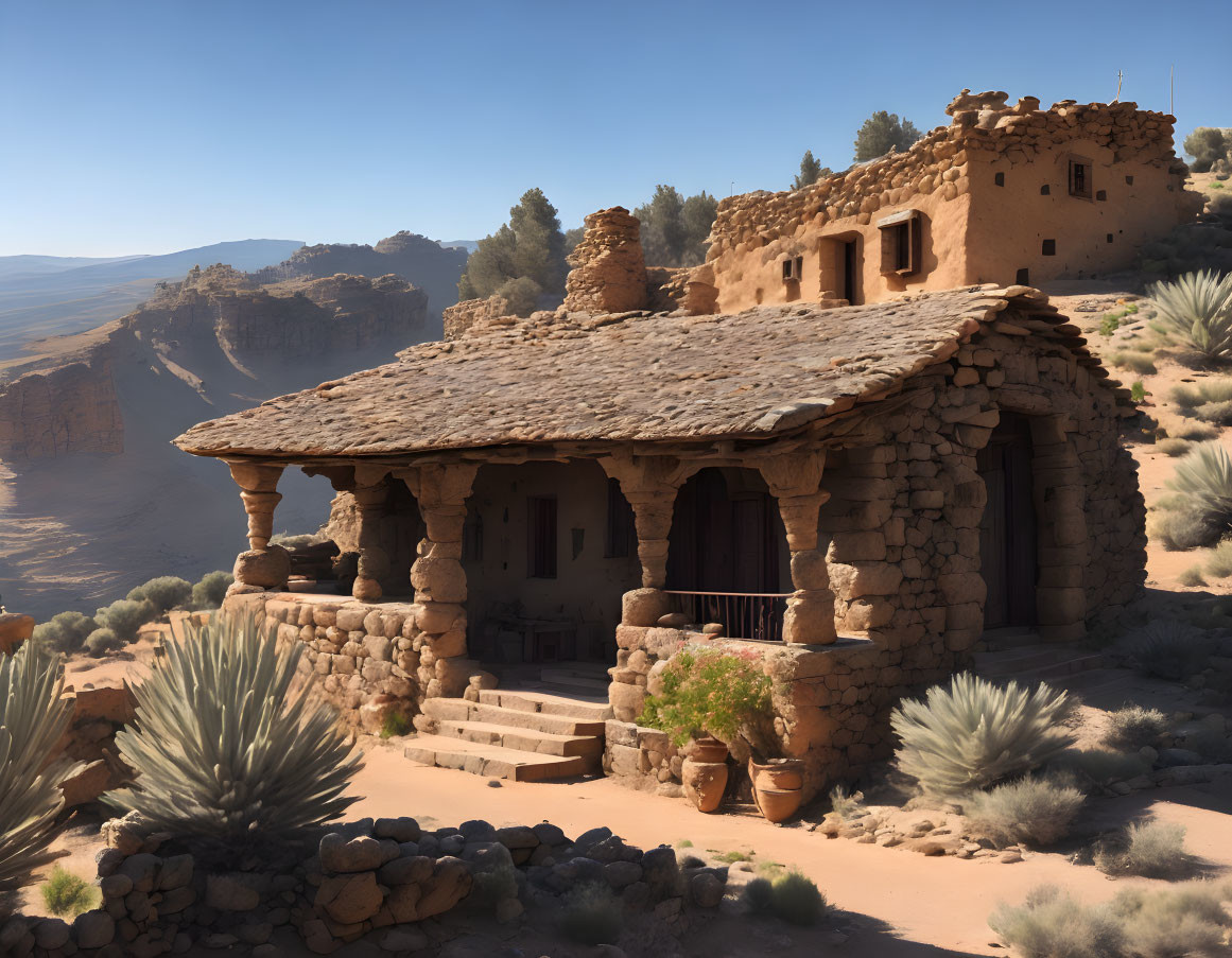 Desert Adobe House with Terracotta Tiles and Blue Sky