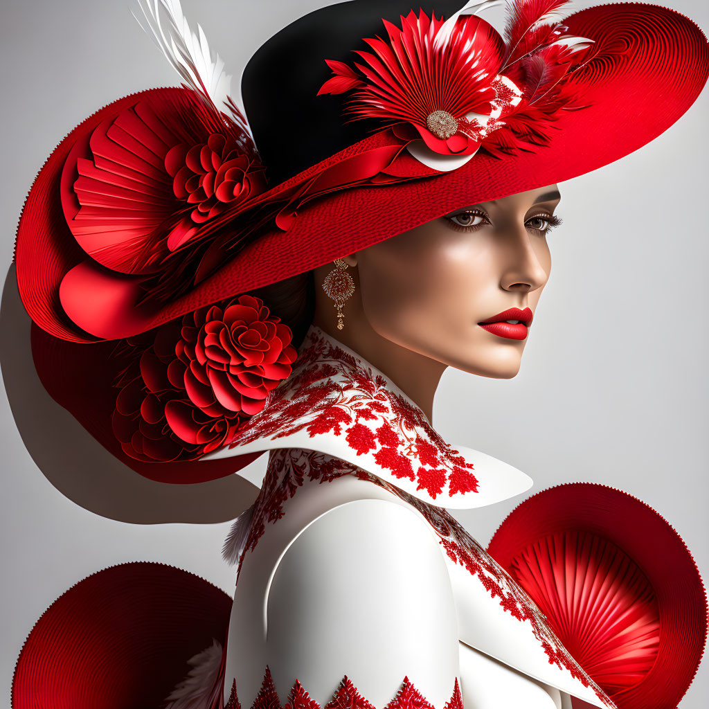 Elaborate red and white hat with feathers and floral accents on a woman's profile portrait