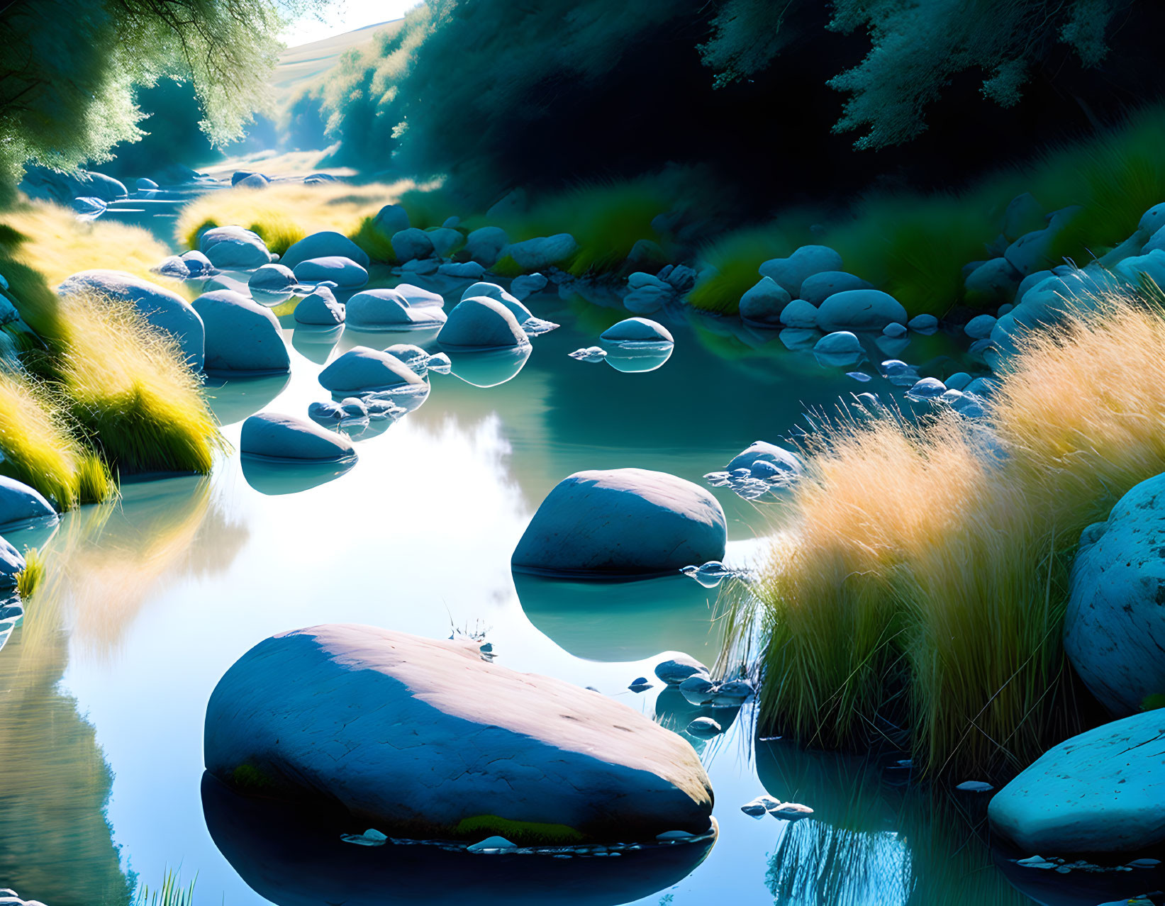 Tranquil river scene with smooth rocks and lush greenery in soothing blue light