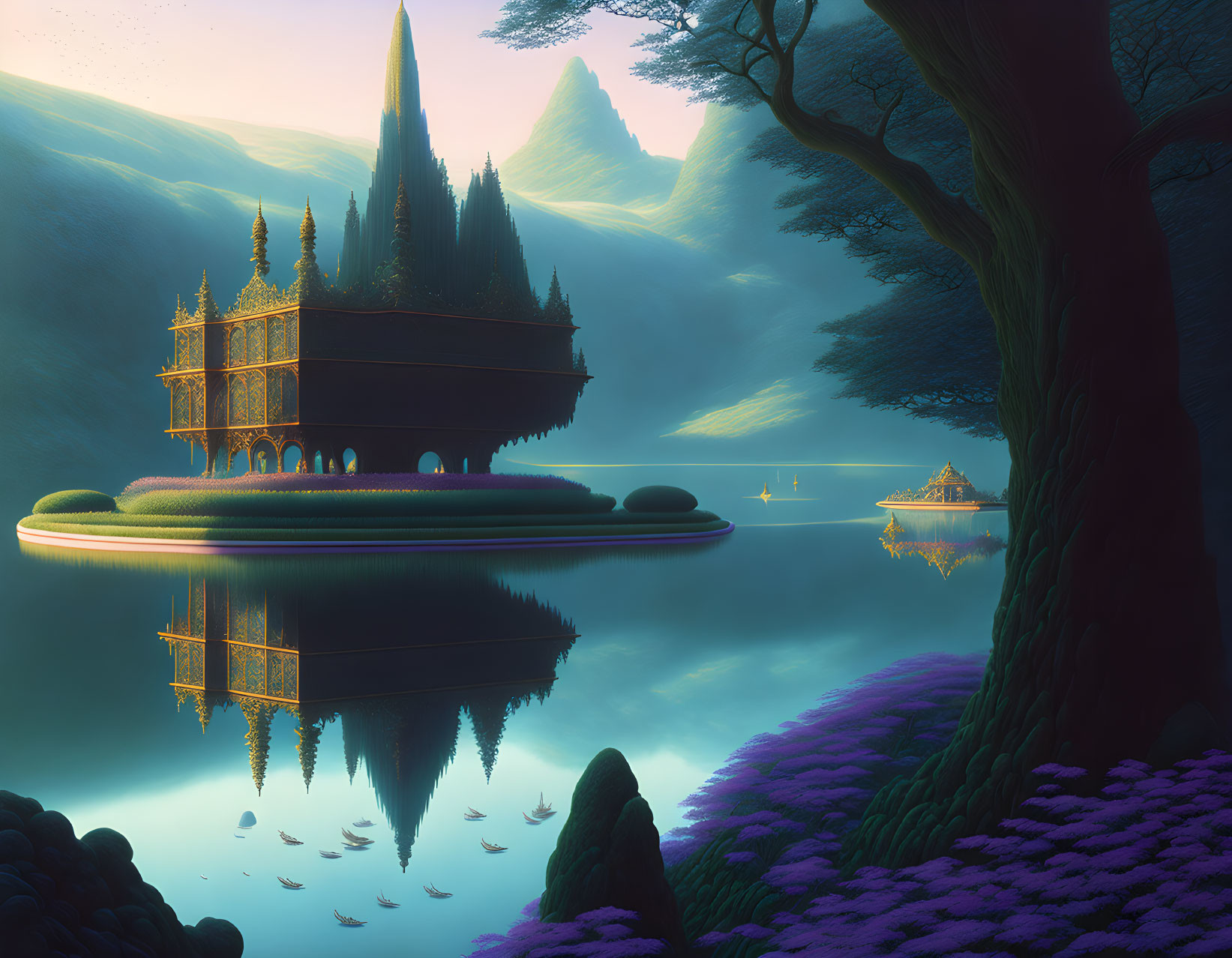 Fantasy landscape with golden structures by reflective lake