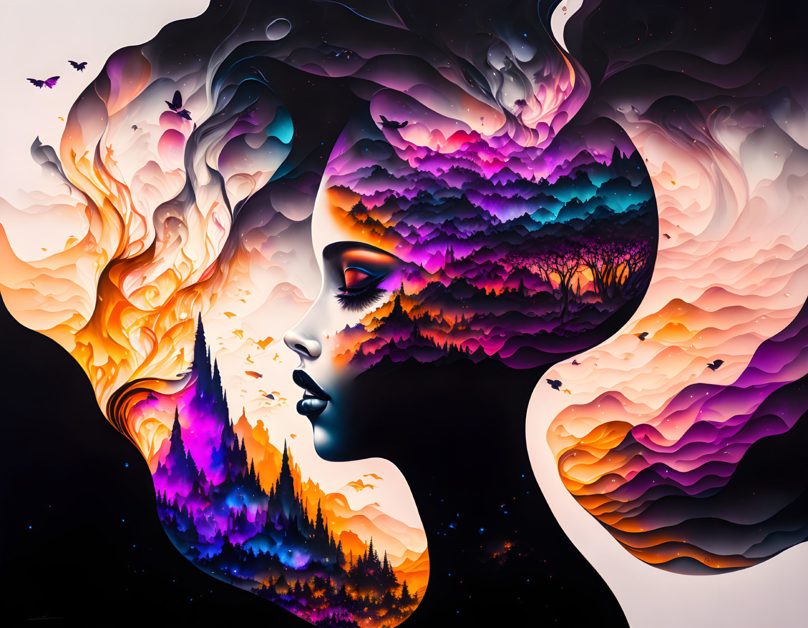 Colorful digital artwork: Woman's silhouette merges with fantasy landscape