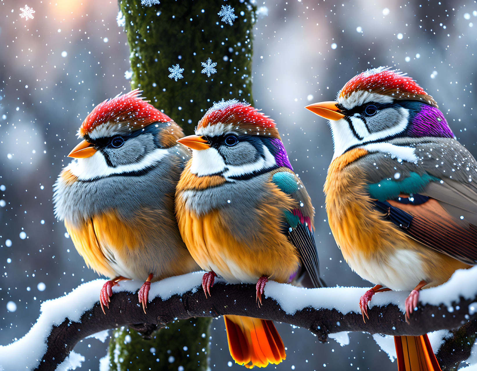 Colorful Birds on Branch with Falling Snowflakes