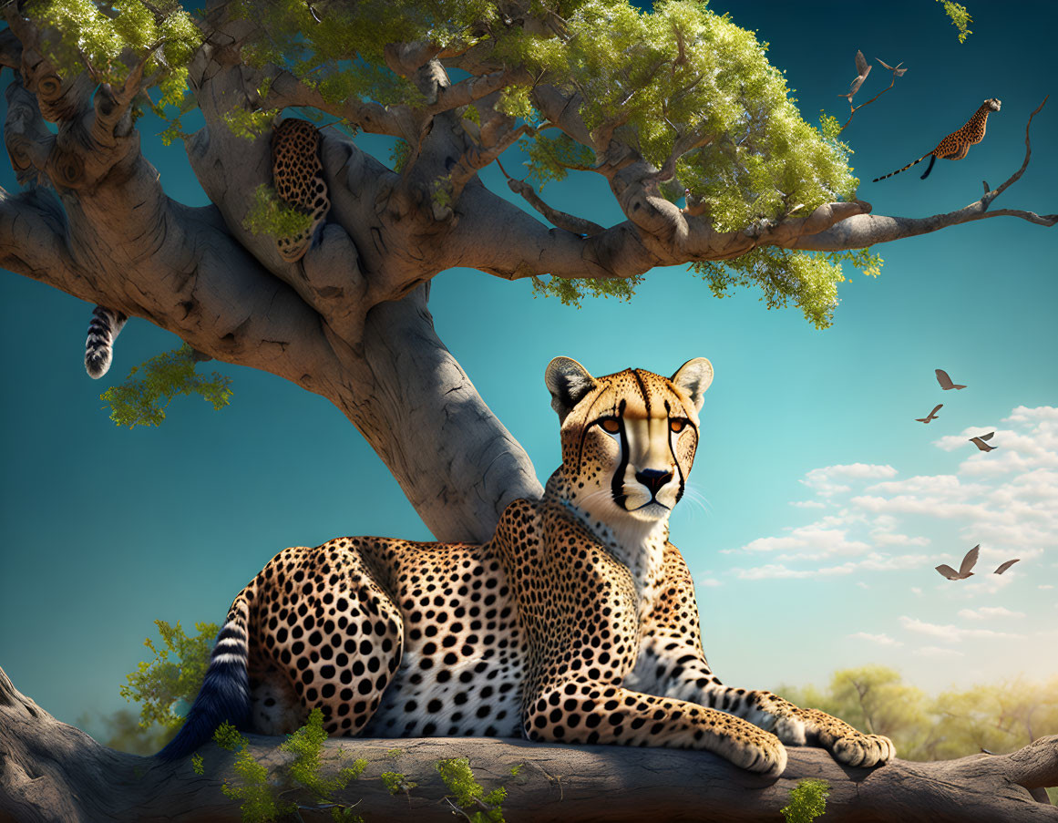 Two cheetahs on tree branch with birds under clear blue sky