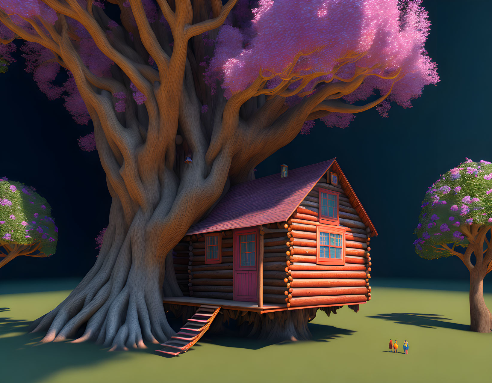 Cozy wooden cabin next to pink tree under dark blue sky