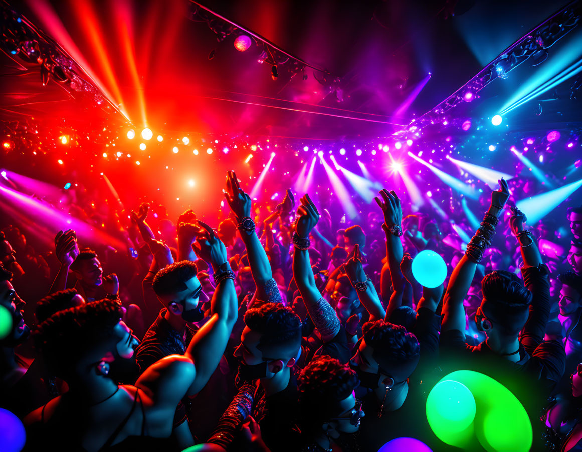 Vibrant concert crowd with raised hands and colorful stage lights