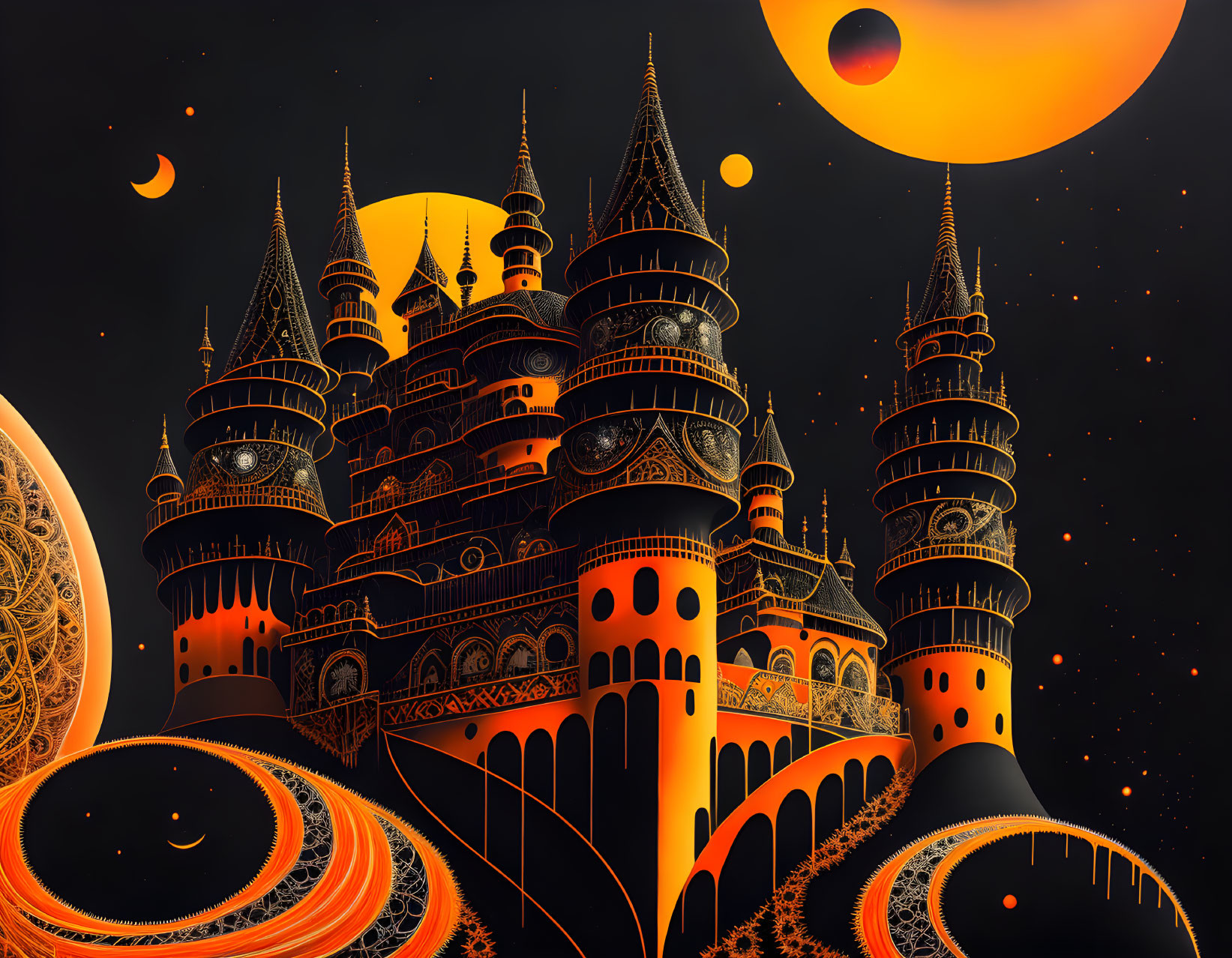 Orange and black castle with spires in cosmic setting